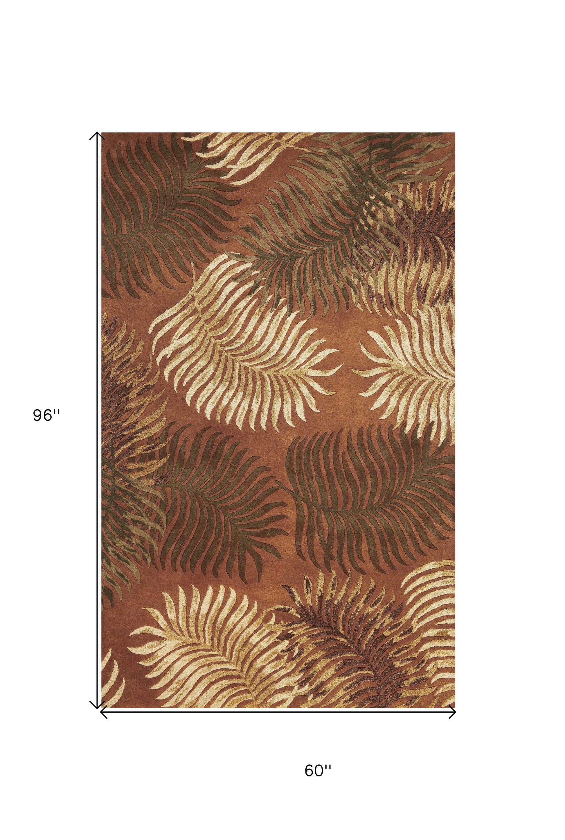 5' X 8' Rust Orange And Green Wool Botanical Leaves Hand Tufted Area Rug-Area Rugs-DECOROLALA