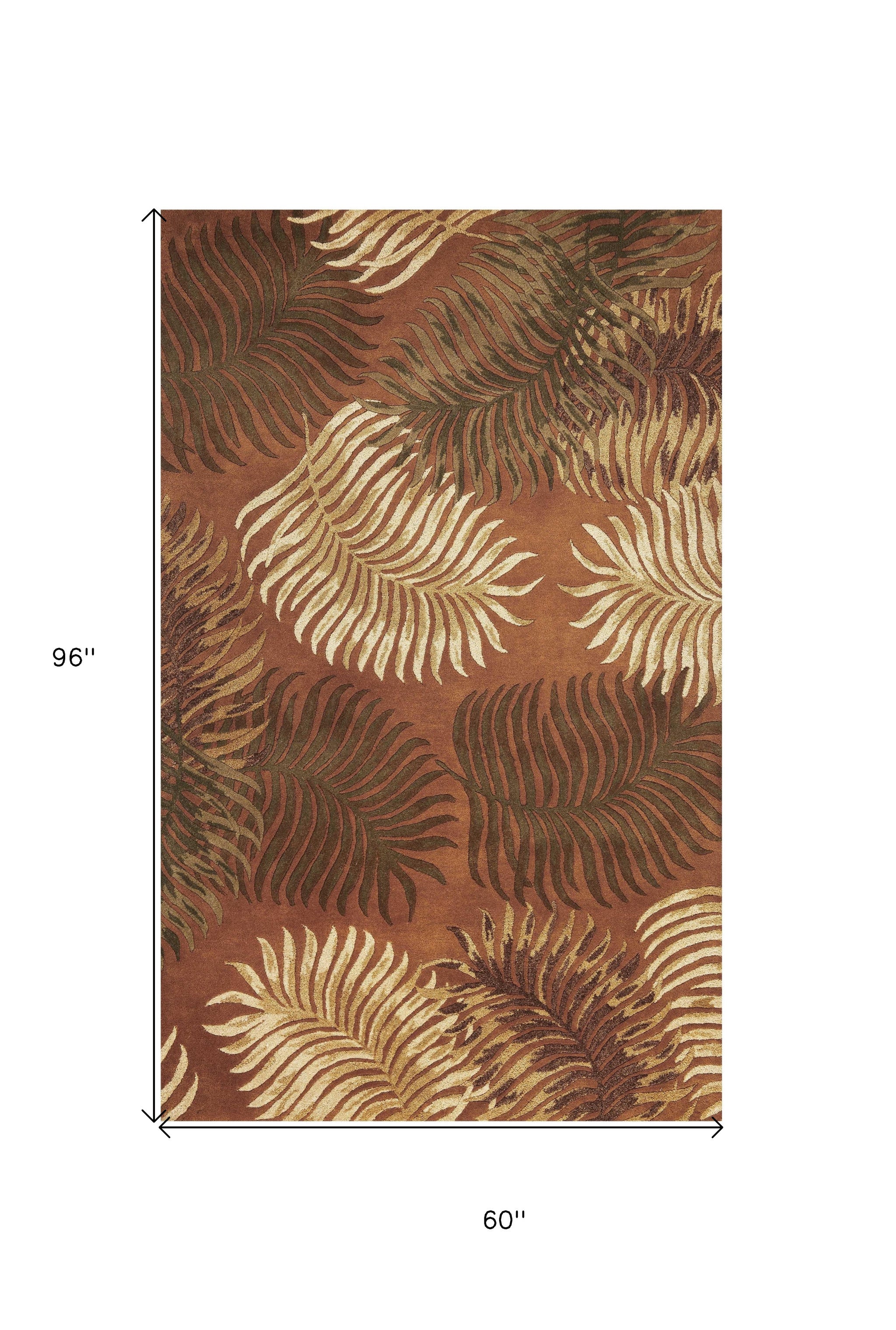 5' X 8' Rust Orange And Green Wool Botanical Leaves Hand Tufted Area Rug-Area Rugs-DECOROLALA