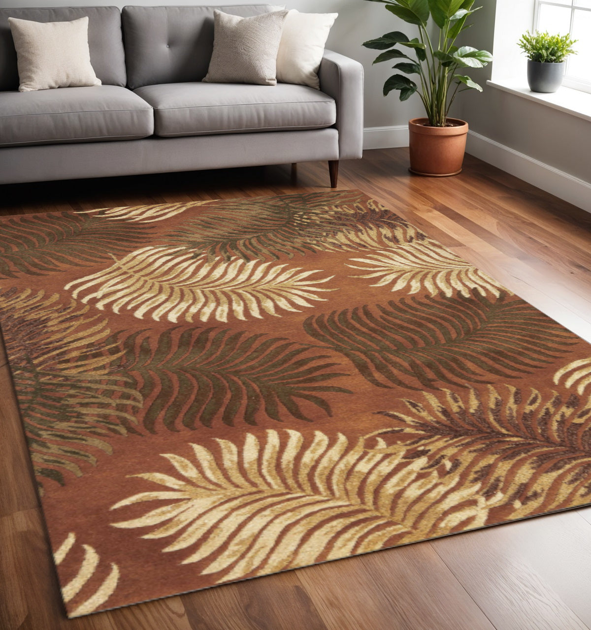 5' X 8' Rust Orange And Green Wool Botanical Leaves Hand Tufted Area Rug-Area Rugs-DECOROLALA