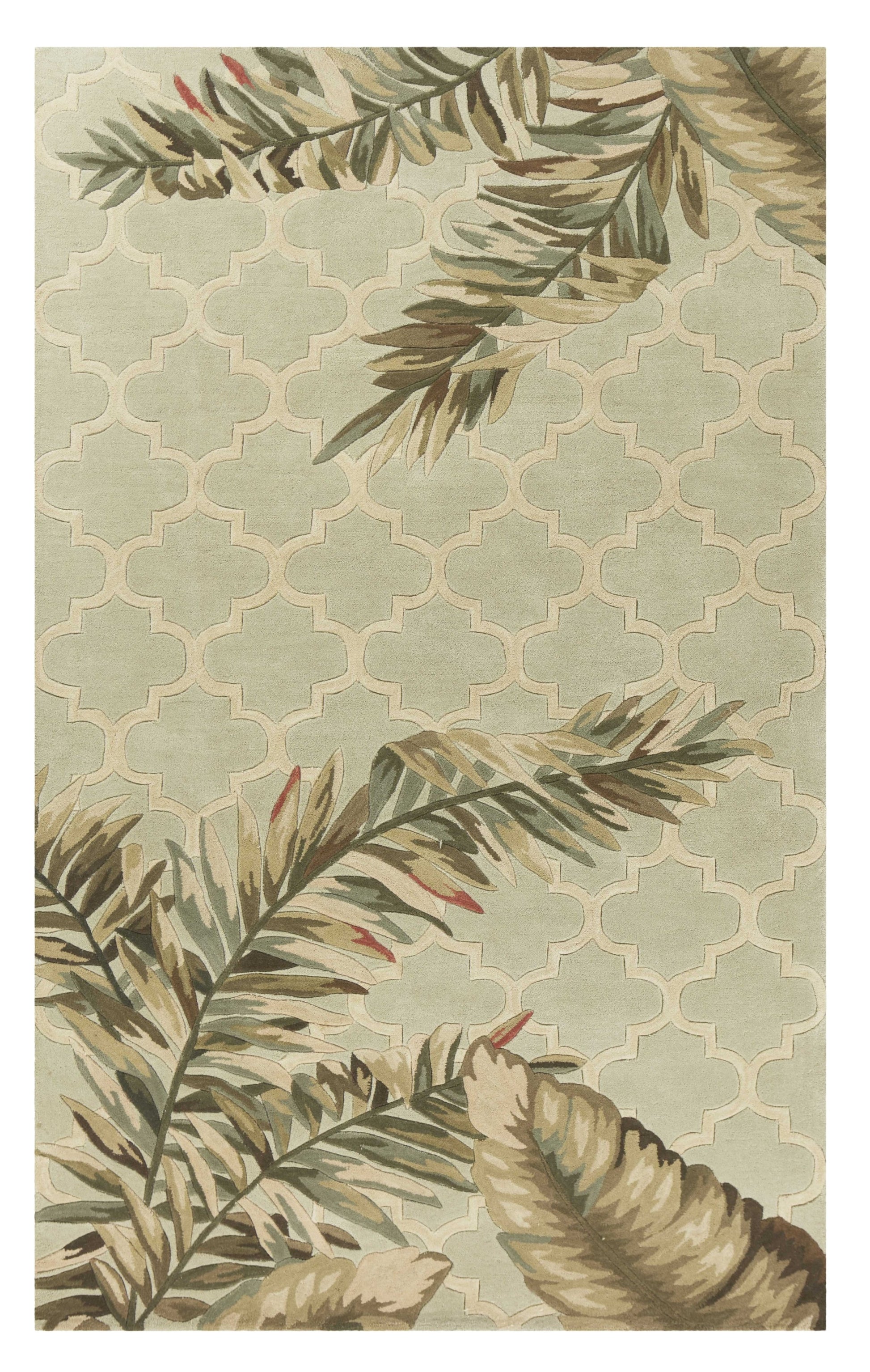 5' X 8' Sage Taupe And Green Wool Tropical Botanical Hand Tufted Area Rug-Area Rugs-DECOROLALA