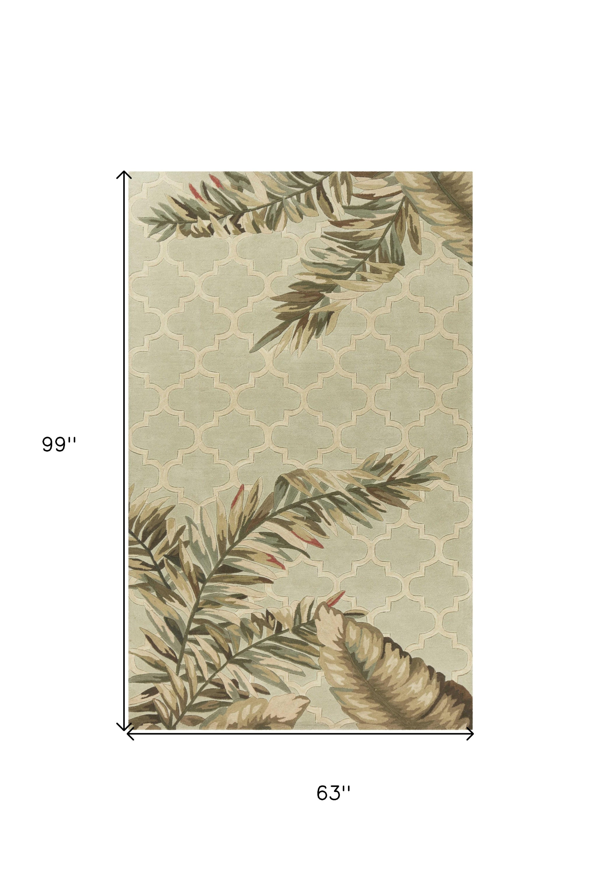 5' X 8' Sage Taupe And Green Wool Tropical Botanical Hand Tufted Area Rug-Area Rugs-DECOROLALA