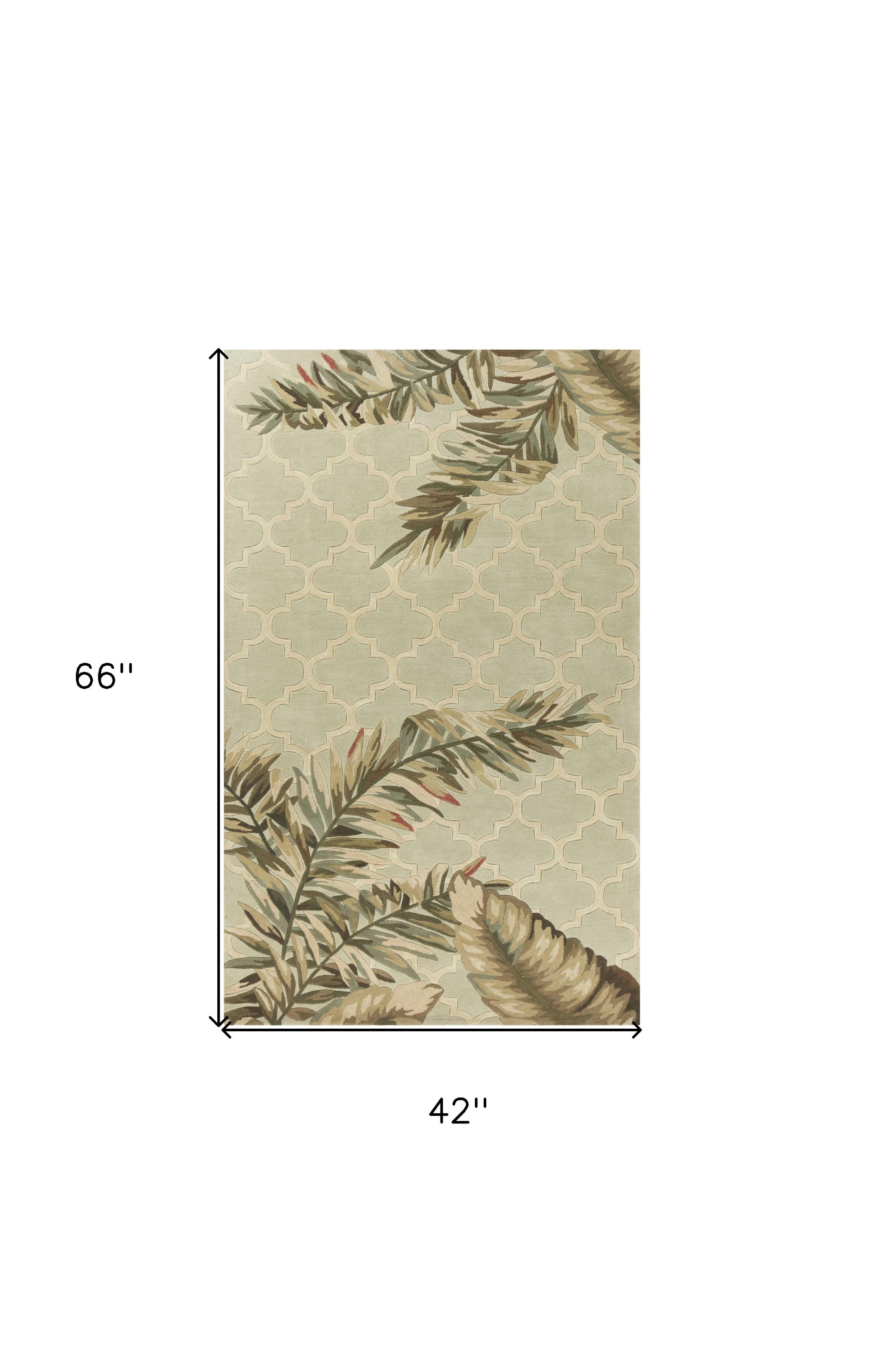 5' X 8' Sage Taupe And Green Wool Tropical Botanical Hand Tufted Area Rug-Area Rugs-DECOROLALA
