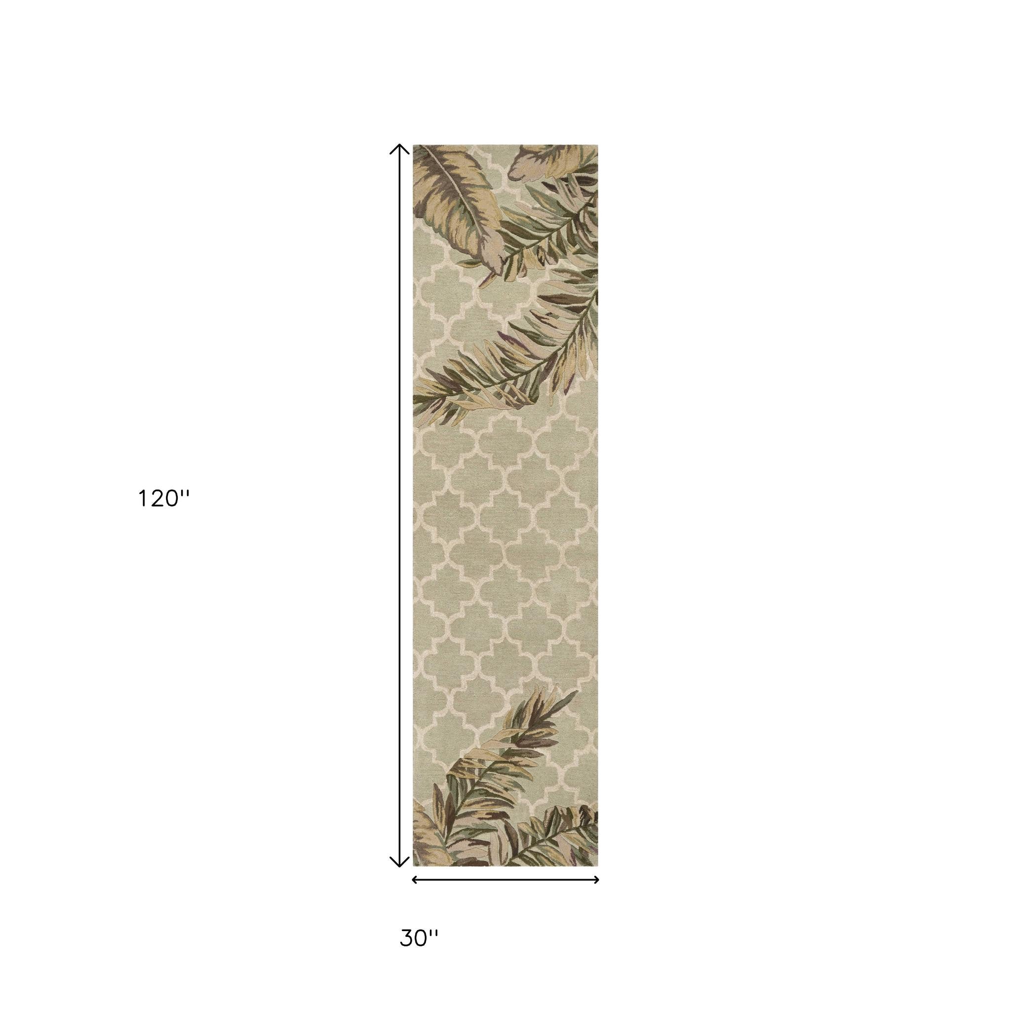 5' X 8' Sage Taupe And Green Wool Tropical Botanical Hand Tufted Area Rug-Area Rugs-DECOROLALA