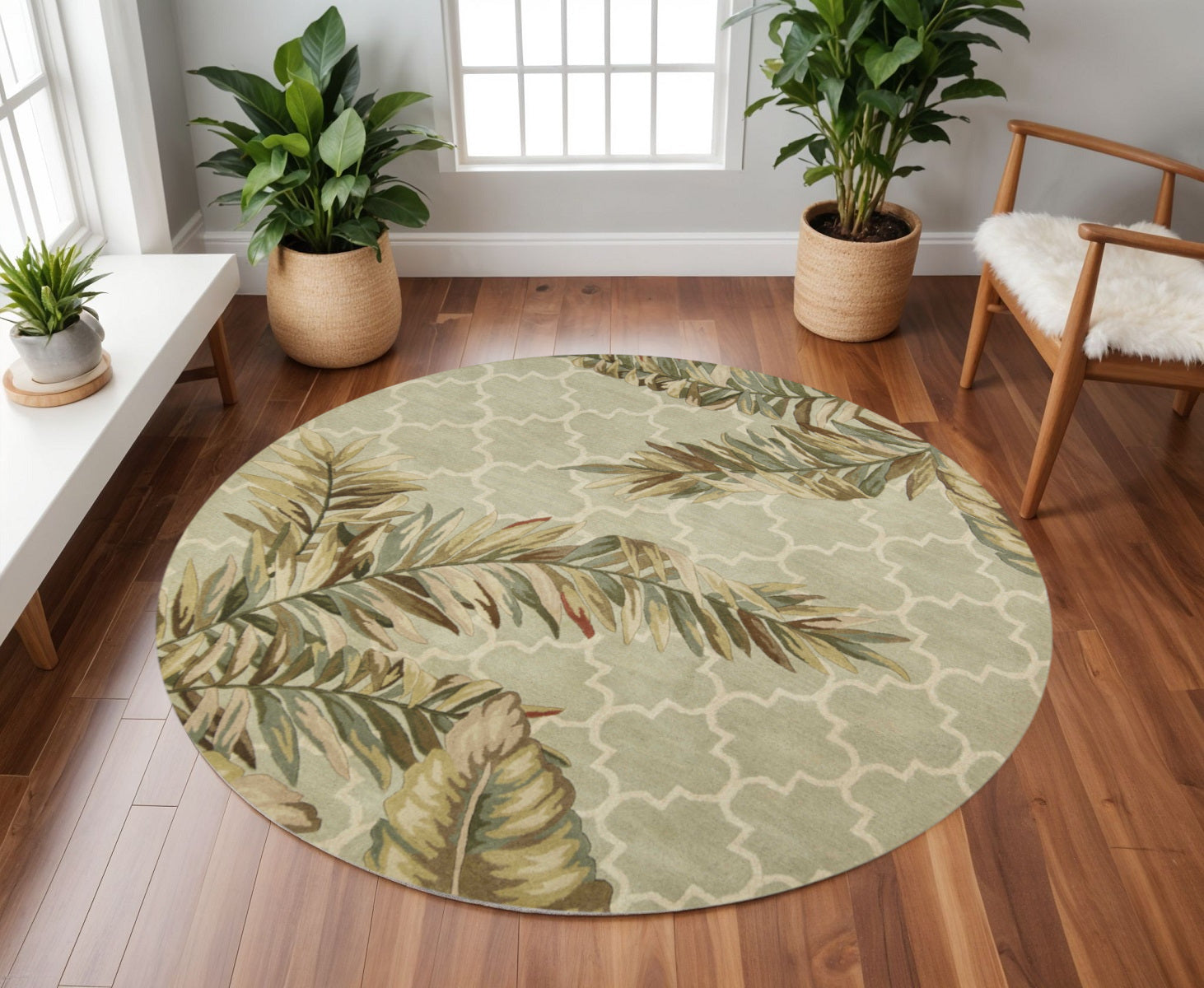 5' X 8' Sage Taupe And Green Wool Tropical Botanical Hand Tufted Area Rug-Area Rugs-DECOROLALA