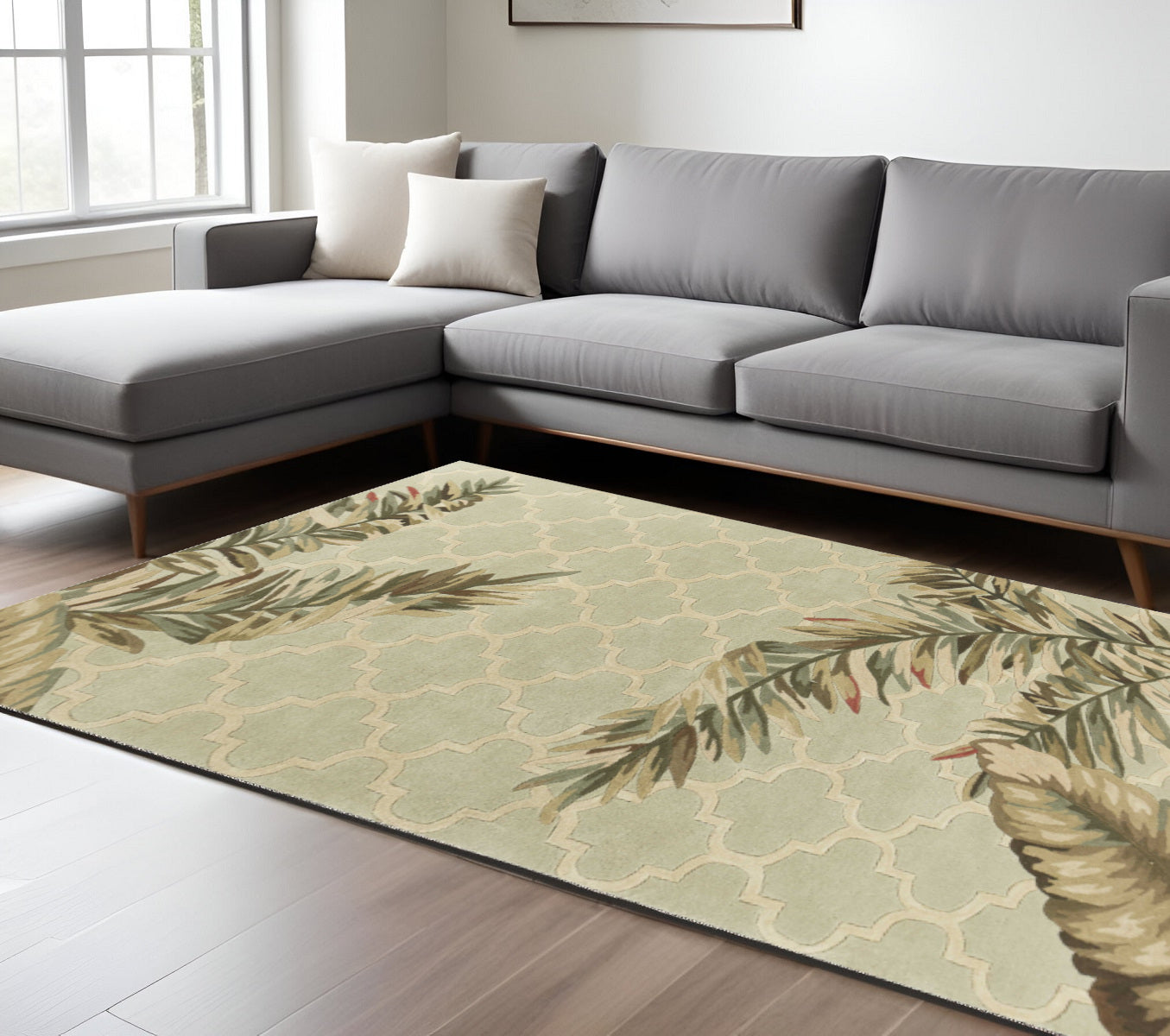 5' X 8' Sage Taupe And Green Wool Tropical Botanical Hand Tufted Area Rug-Area Rugs-DECOROLALA