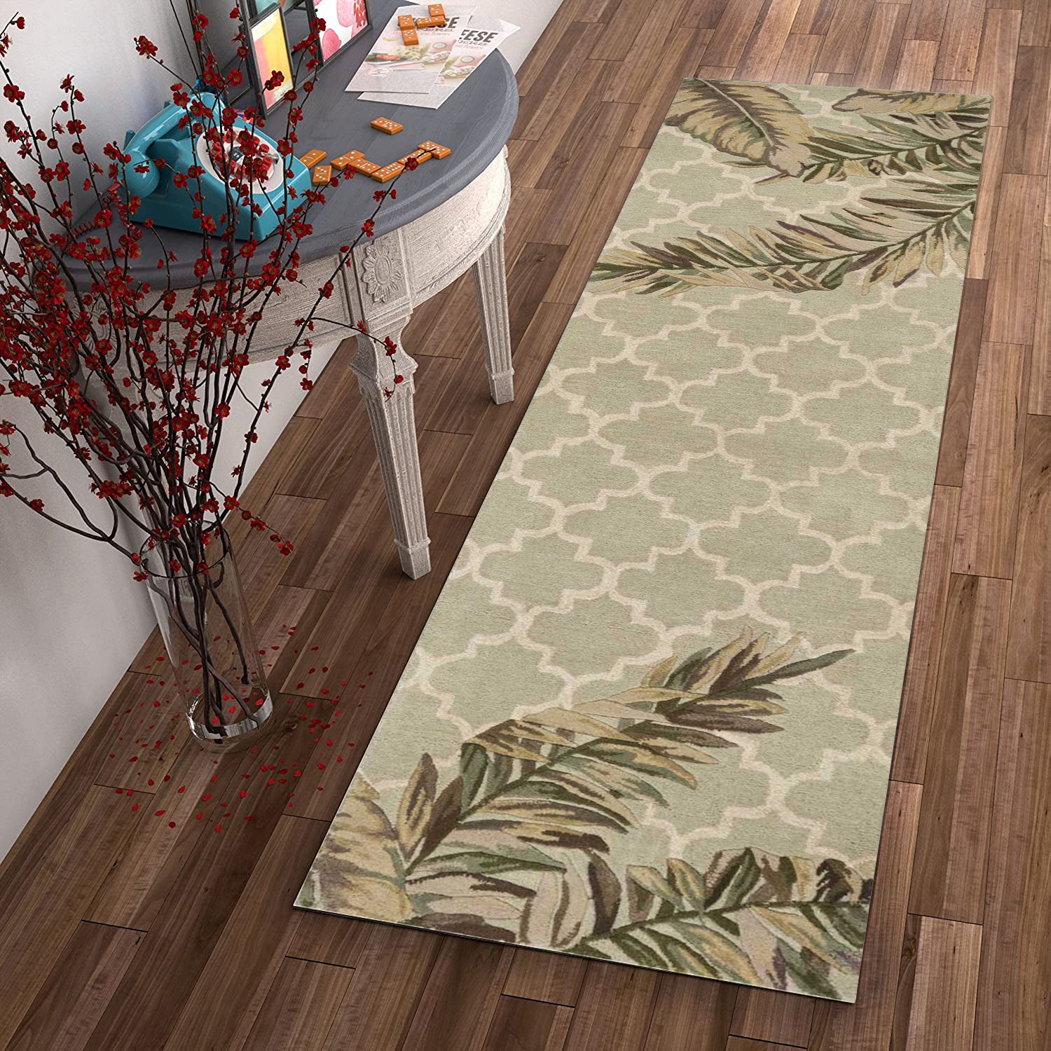 5' X 8' Sage Taupe And Green Wool Tropical Botanical Hand Tufted Area Rug-Area Rugs-DECOROLALA