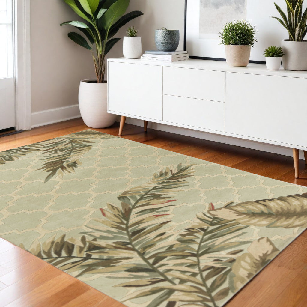 5' X 8' Sage Taupe And Green Wool Tropical Botanical Hand Tufted Area Rug-Area Rugs-DECOROLALA