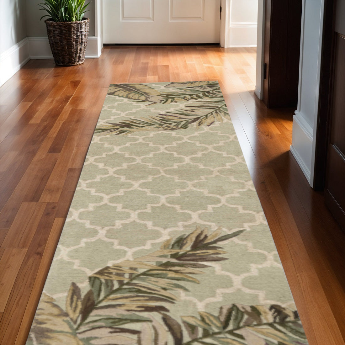 5' X 8' Sage Taupe And Green Wool Tropical Botanical Hand Tufted Area Rug-Area Rugs-DECOROLALA