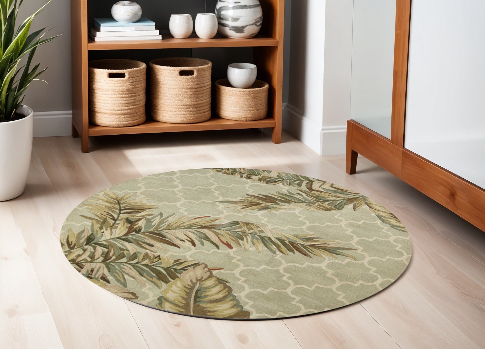 5' X 8' Sage Taupe And Green Wool Tropical Botanical Hand Tufted Area Rug-Area Rugs-DECOROLALA