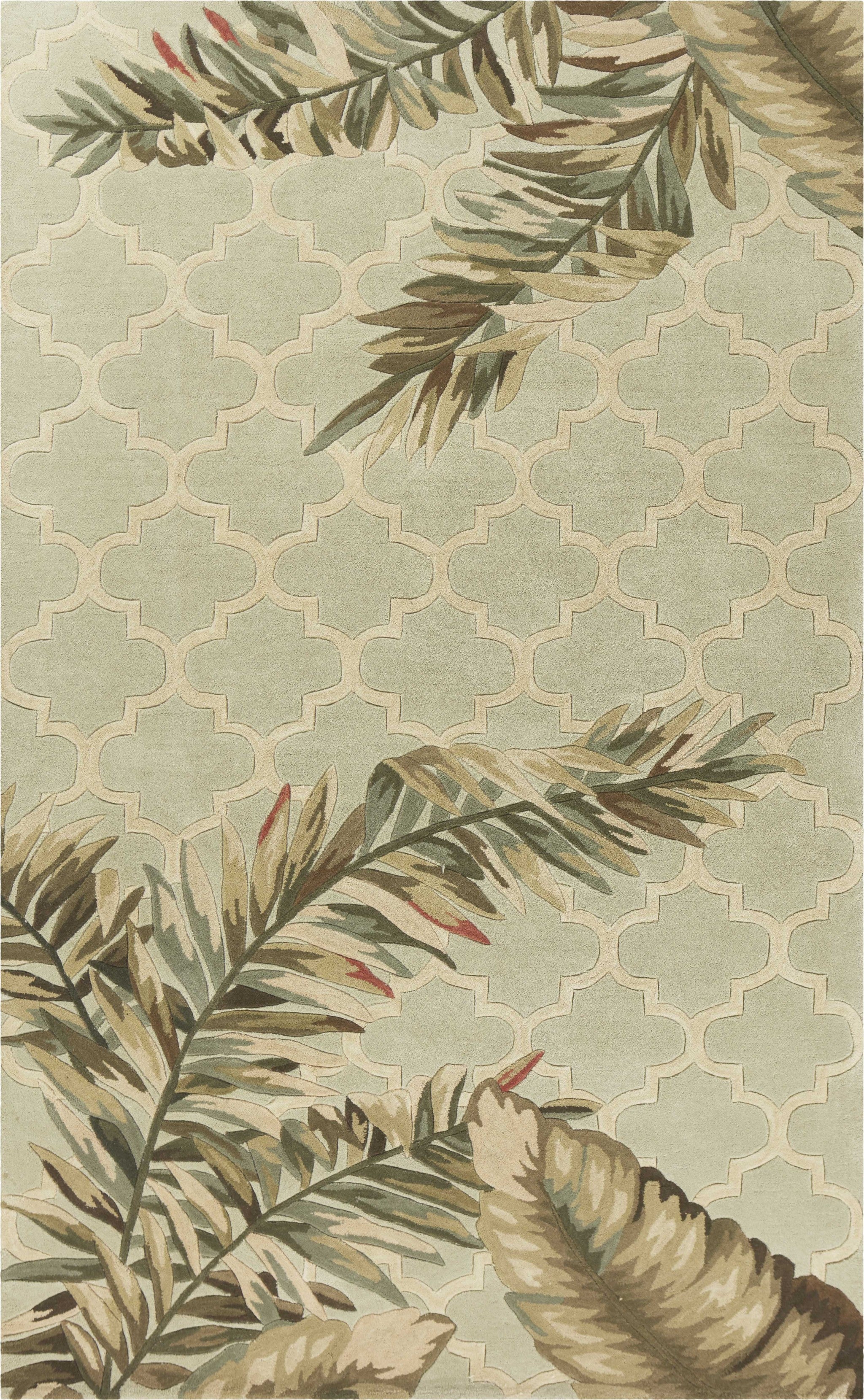 5' X 8' Sage Taupe And Green Wool Tropical Botanical Hand Tufted Area Rug-Area Rugs-DECOROLALA
