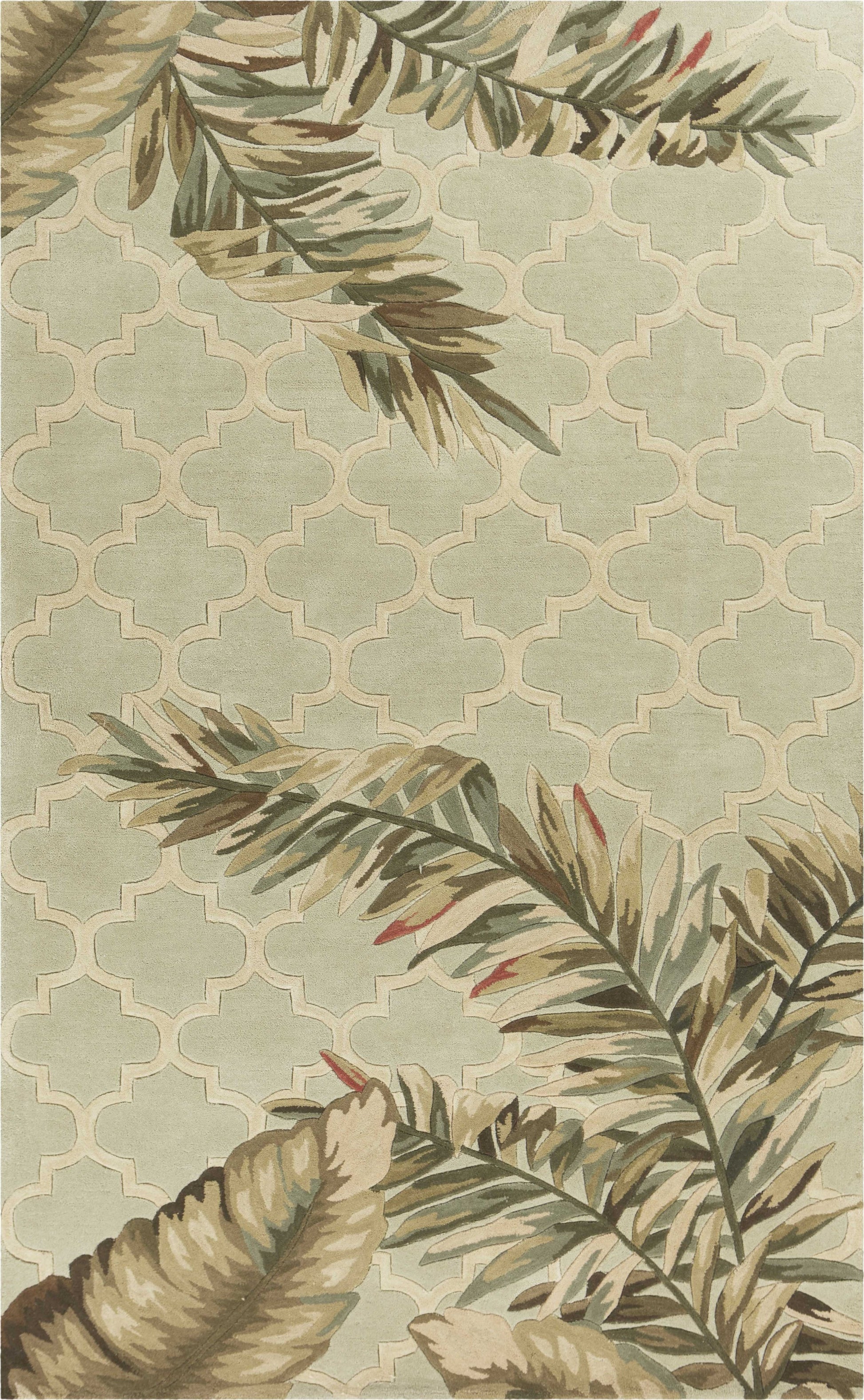 5' X 8' Sage Taupe And Green Wool Tropical Botanical Hand Tufted Area Rug-Area Rugs-DECOROLALA