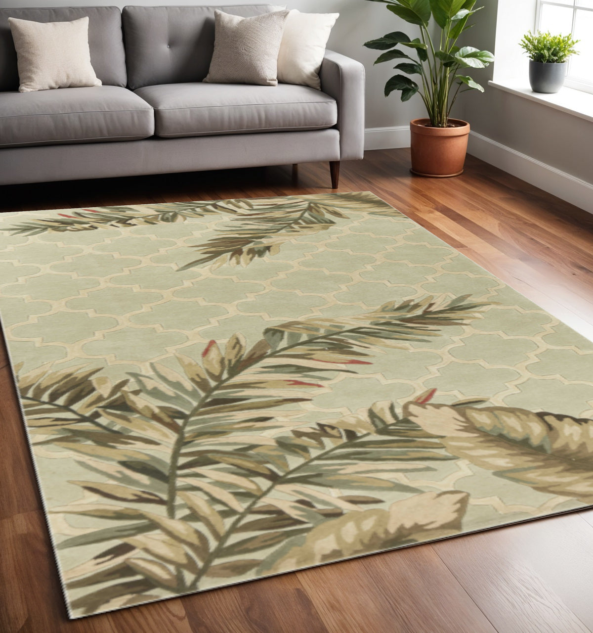 5' X 8' Sage Taupe And Green Wool Tropical Botanical Hand Tufted Area Rug-Area Rugs-DECOROLALA