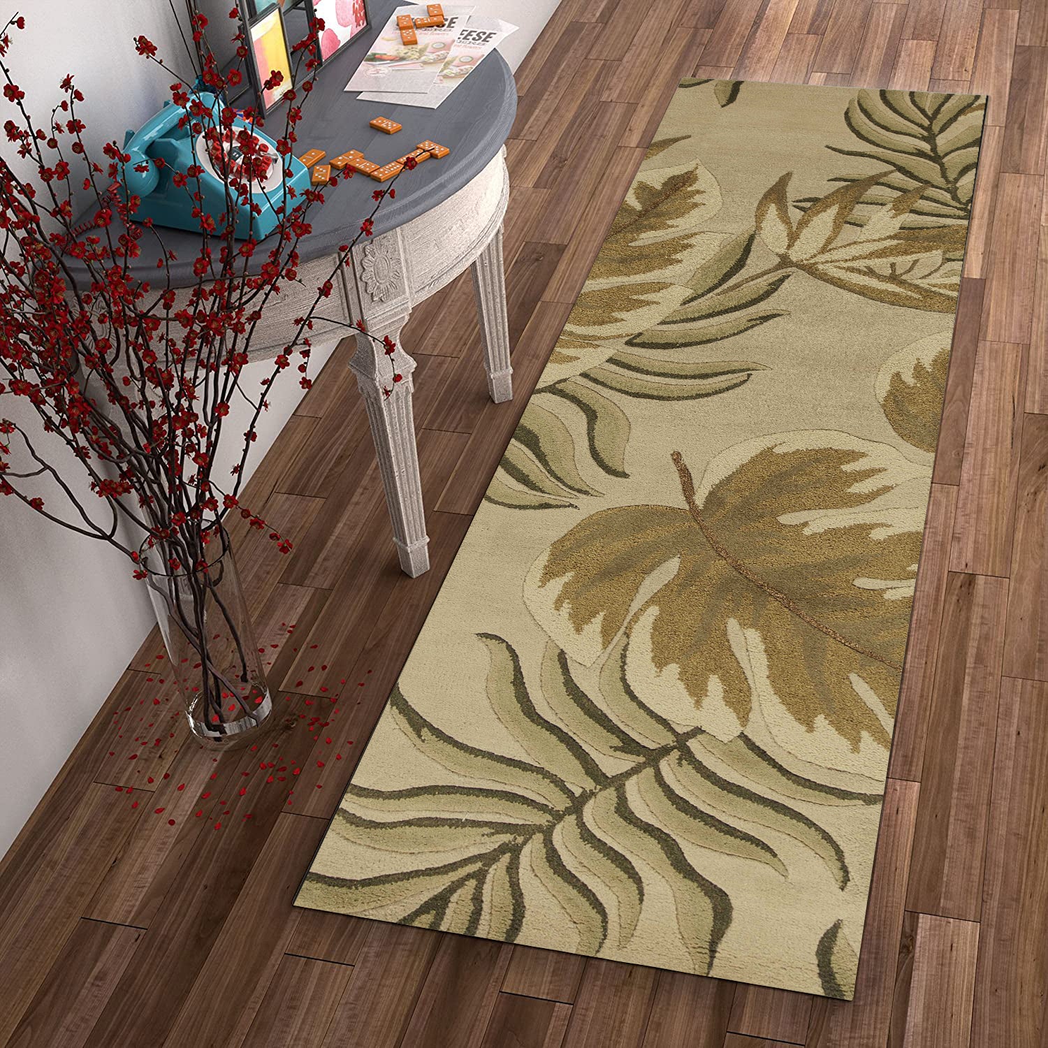 5' X 8' Sand And Beige Wool Botanical Leaves Hand Tufted Area Rug-Area Rugs-DECOROLALA