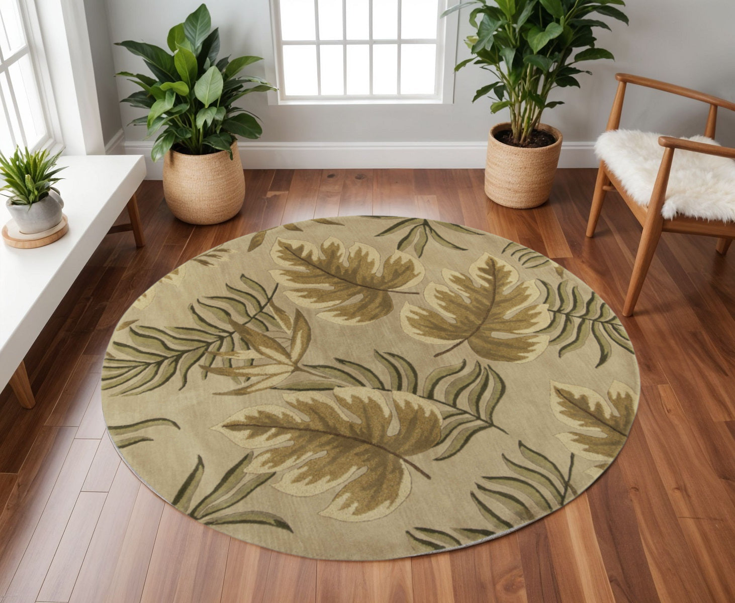 5' X 8' Sand And Beige Wool Botanical Leaves Hand Tufted Area Rug-Area Rugs-DECOROLALA