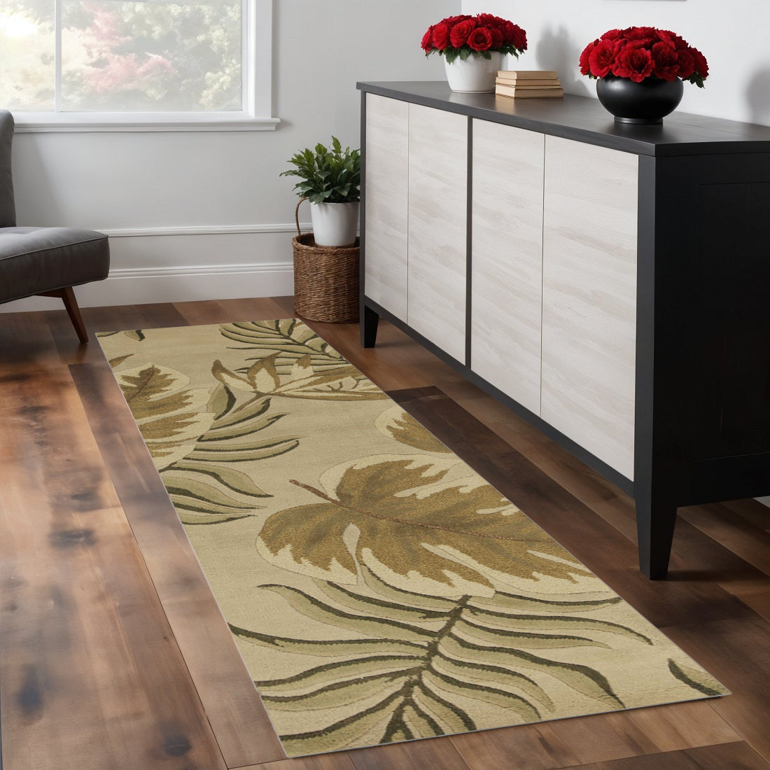 5' X 8' Sand And Beige Wool Botanical Leaves Hand Tufted Area Rug-Area Rugs-DECOROLALA