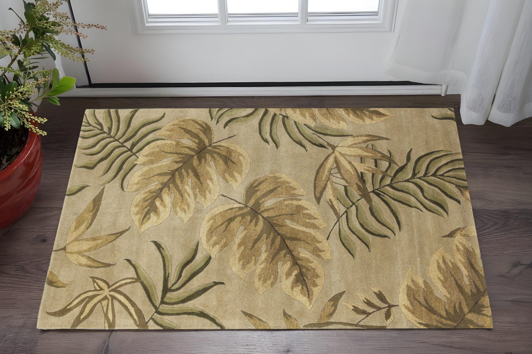 5' X 8' Sand And Beige Wool Botanical Leaves Hand Tufted Area Rug-Area Rugs-DECOROLALA