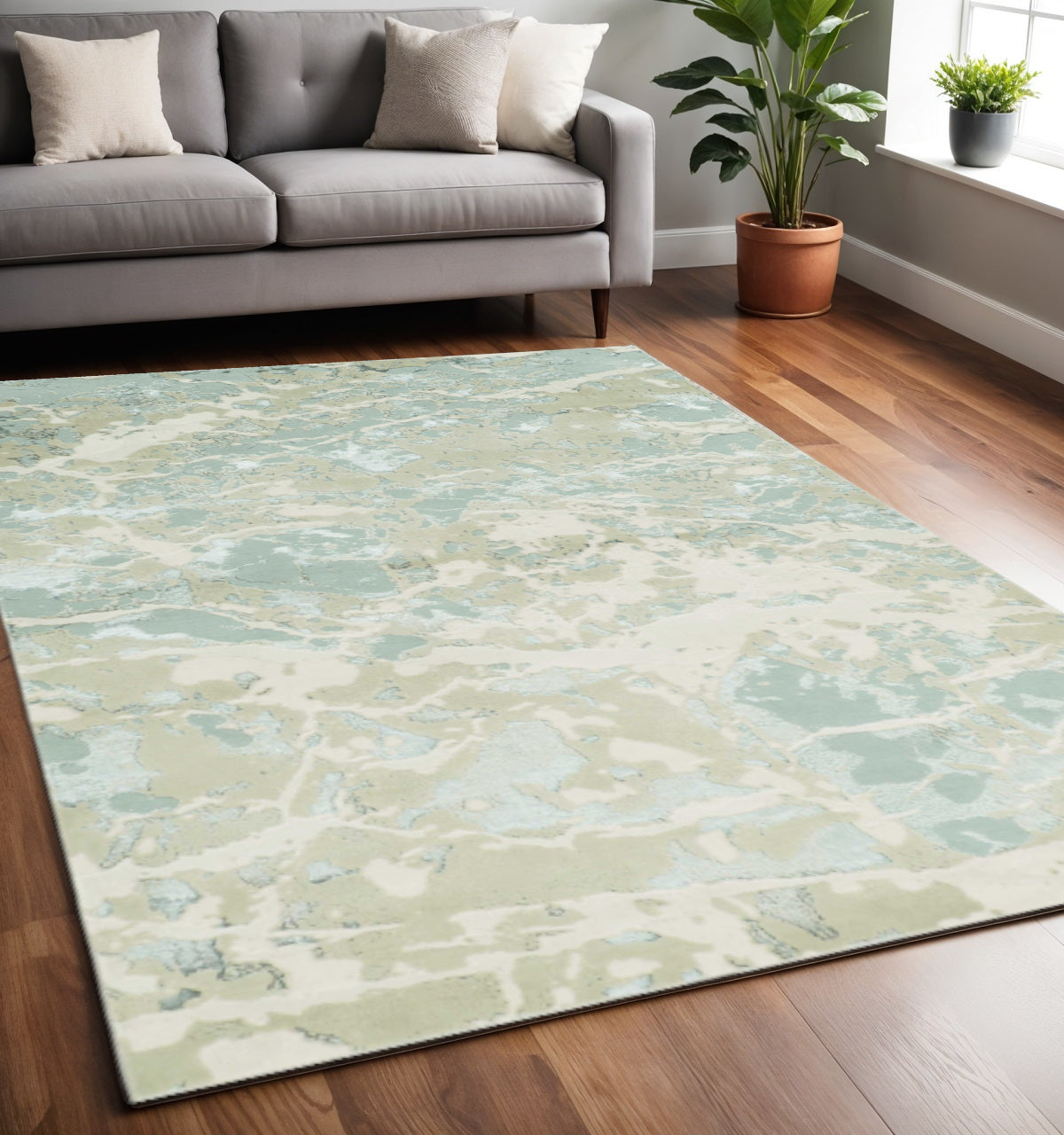 5' X 8' Sand Gray and Green Abstract Area Rug-Area Rugs-DECOROLALA