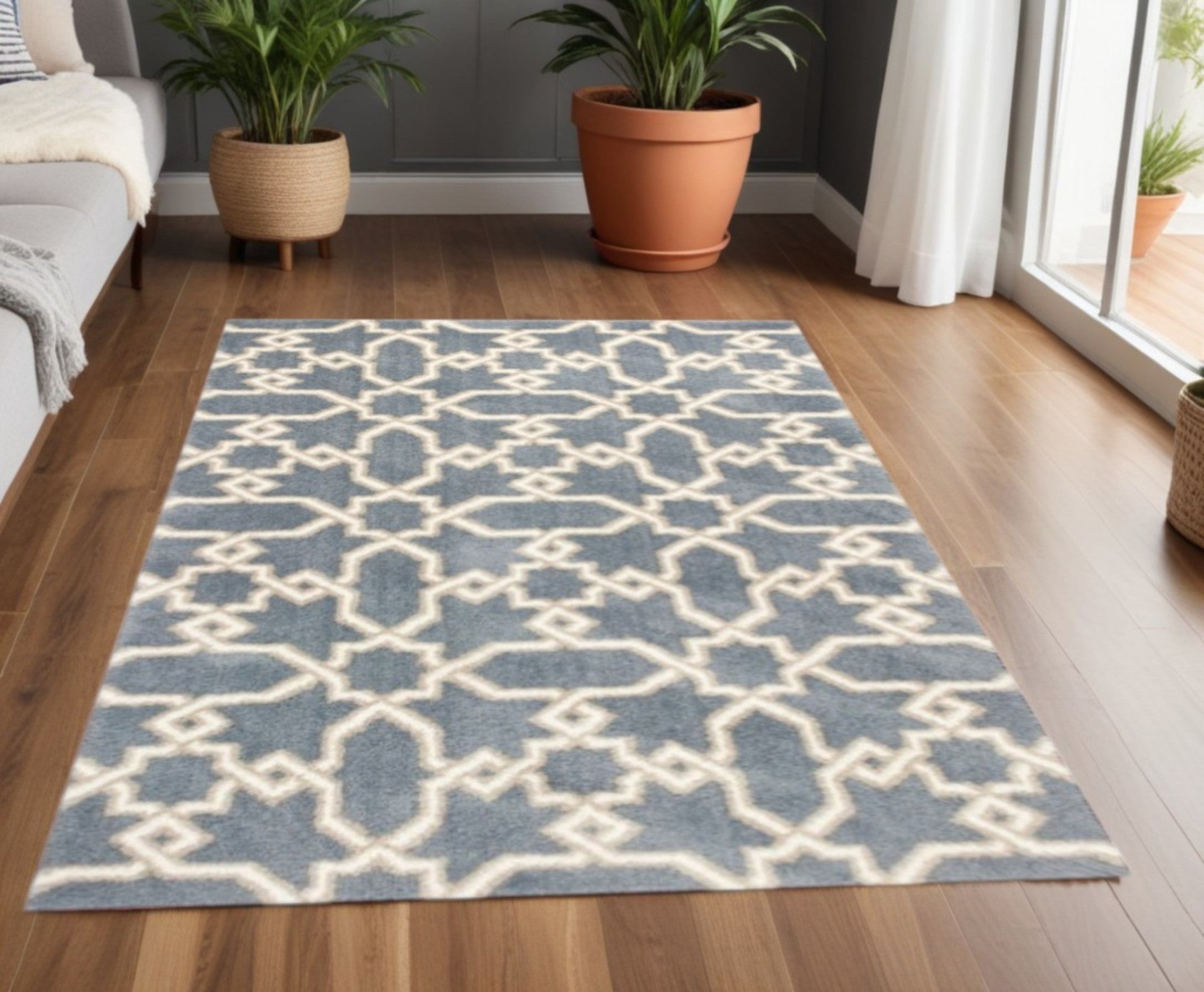 5' X 8' Slate Blue And Ivory Geometric Area Rug-Area Rugs-DECOROLALA