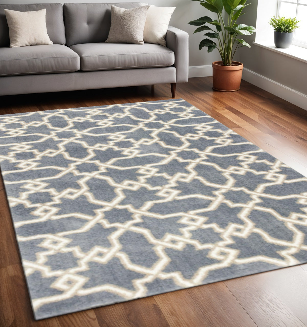 5' X 8' Slate Blue And Ivory Geometric Area Rug-Area Rugs-DECOROLALA