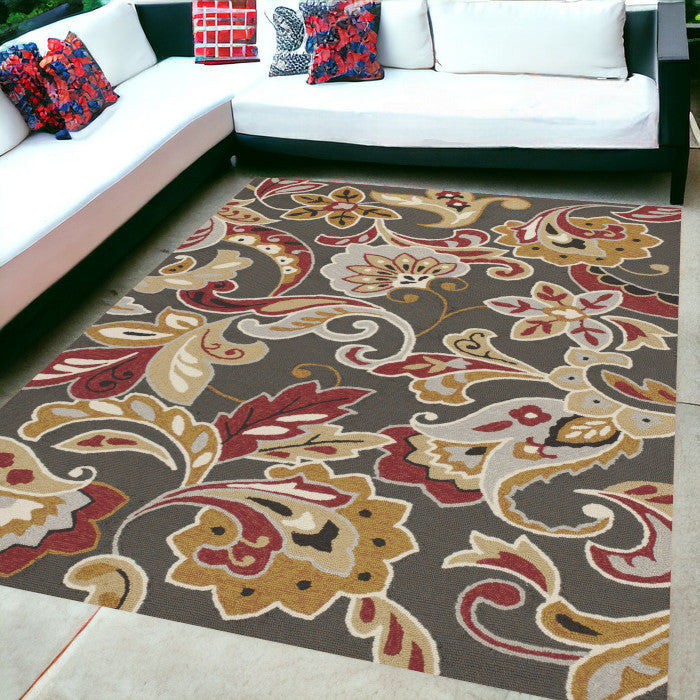 5' X 8' Taupe Floral Indoor Outdoor Area Rug-Outdoor Rugs-DECOROLALA