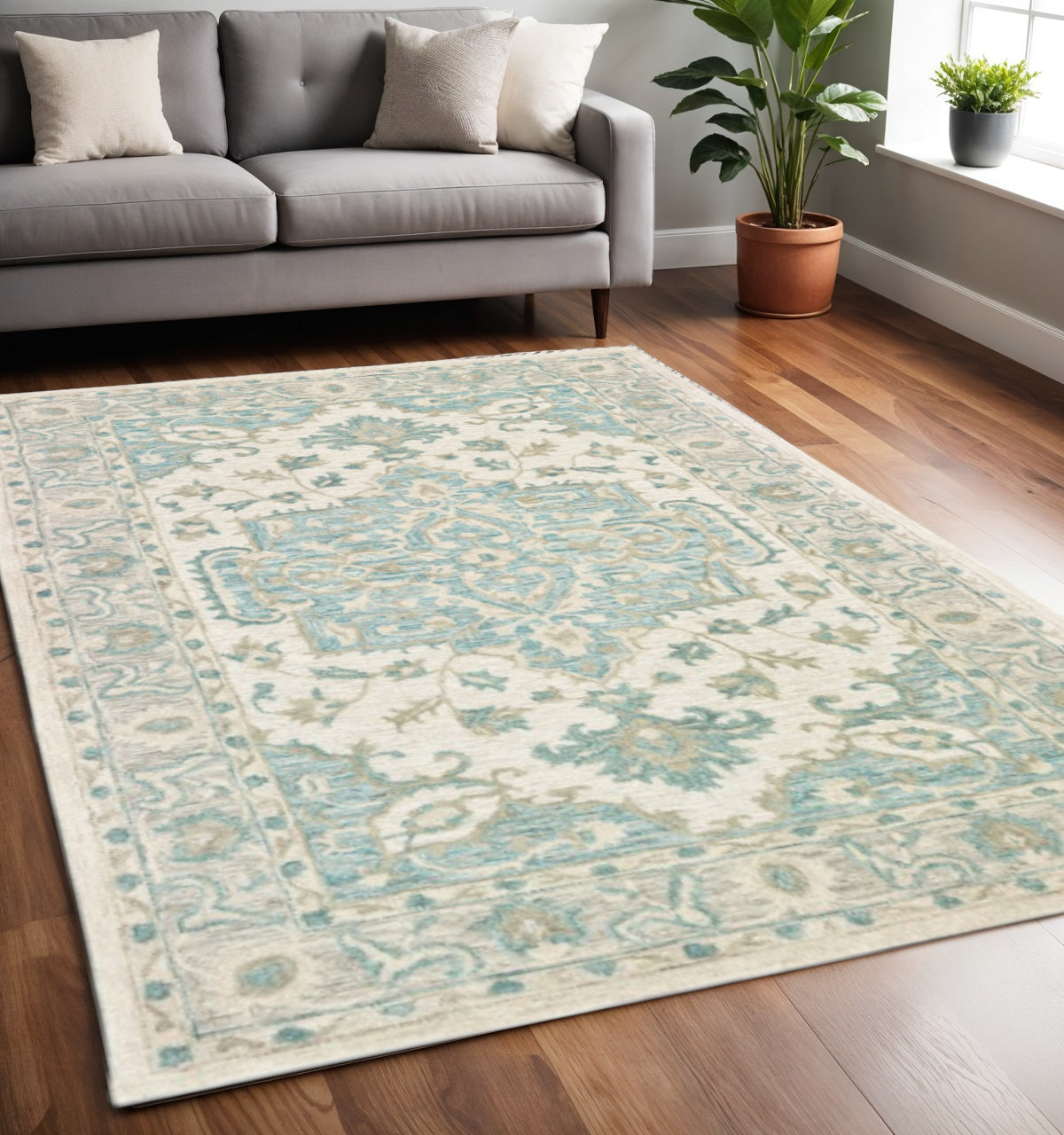 5' X 8' Turquoise and Cream Medallion Area Rug-Area Rugs-DECOROLALA