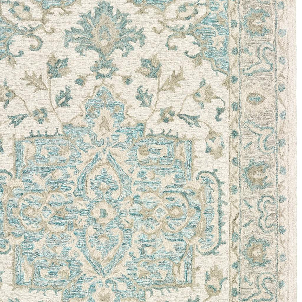 5' X 8' Turquoise and Cream Medallion Area Rug-Area Rugs-DECOROLALA