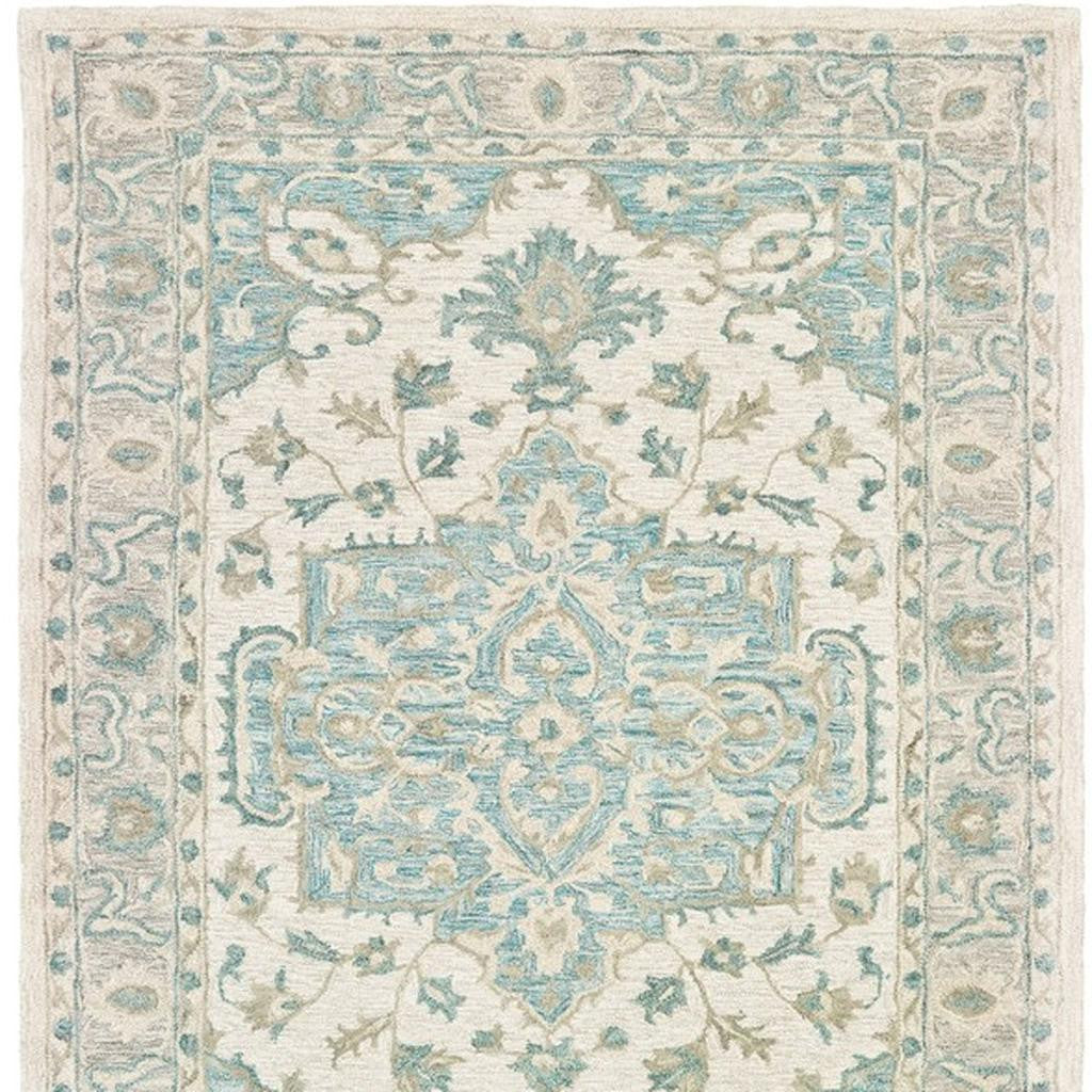 5' X 8' Turquoise and Cream Medallion Area Rug-Area Rugs-DECOROLALA