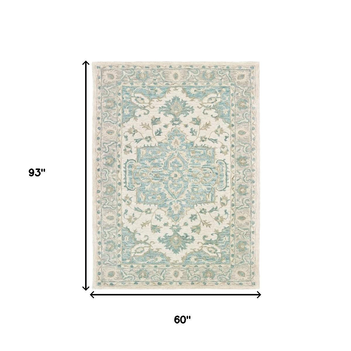 5' X 8' Turquoise and Cream Medallion Area Rug-Area Rugs-DECOROLALA