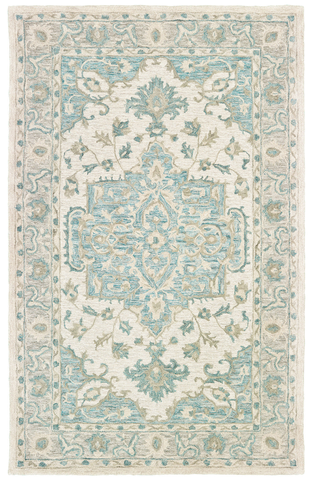 5' X 8' Turquoise and Cream Medallion Area Rug-Area Rugs-DECOROLALA