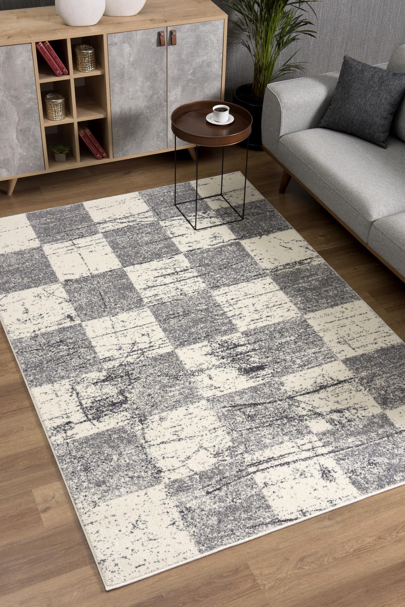 5' X 8' White And Gray Checkered Area Rug-Area Rugs-DECOROLALA