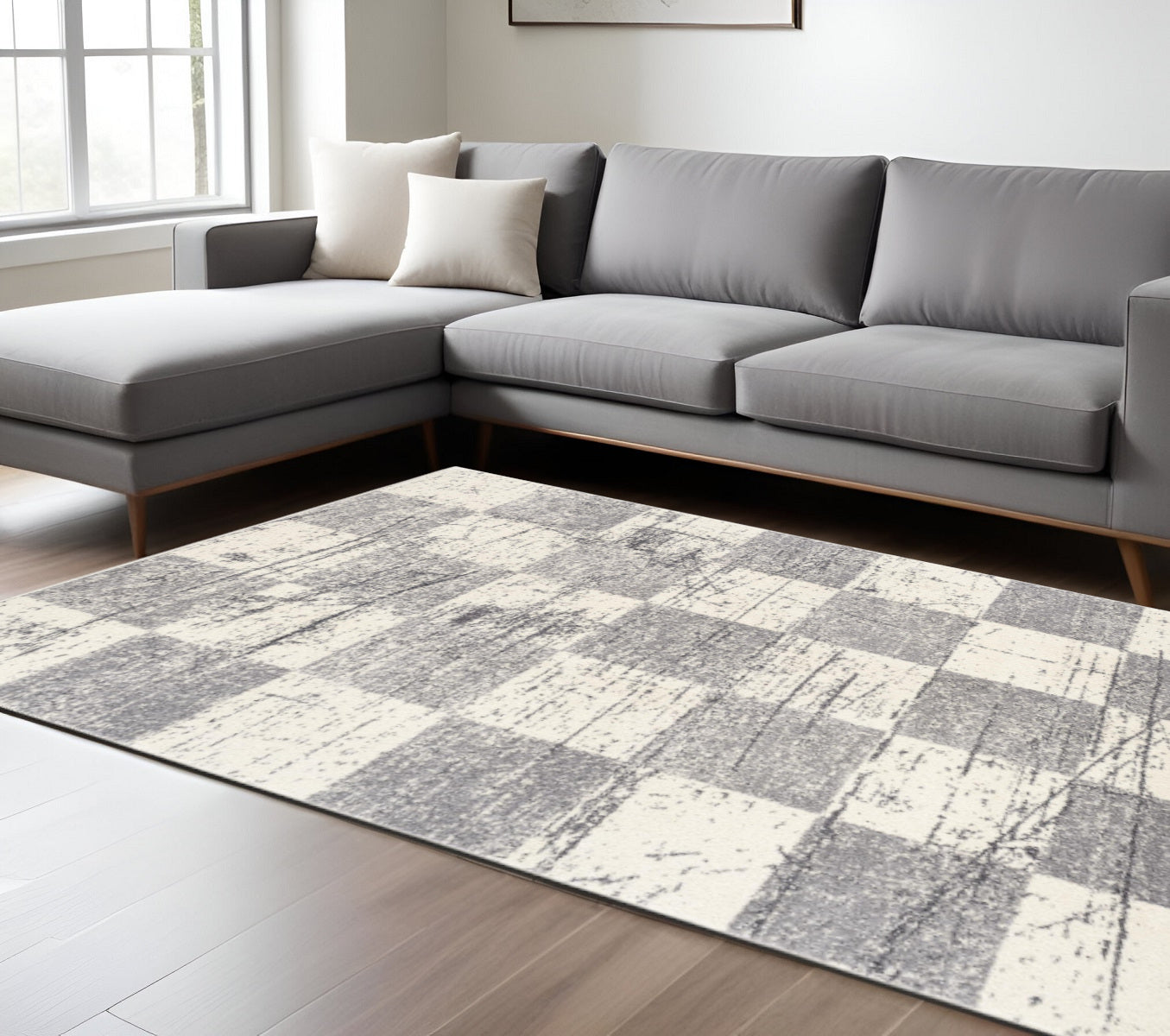 5' X 8' White And Gray Checkered Area Rug-Area Rugs-DECOROLALA