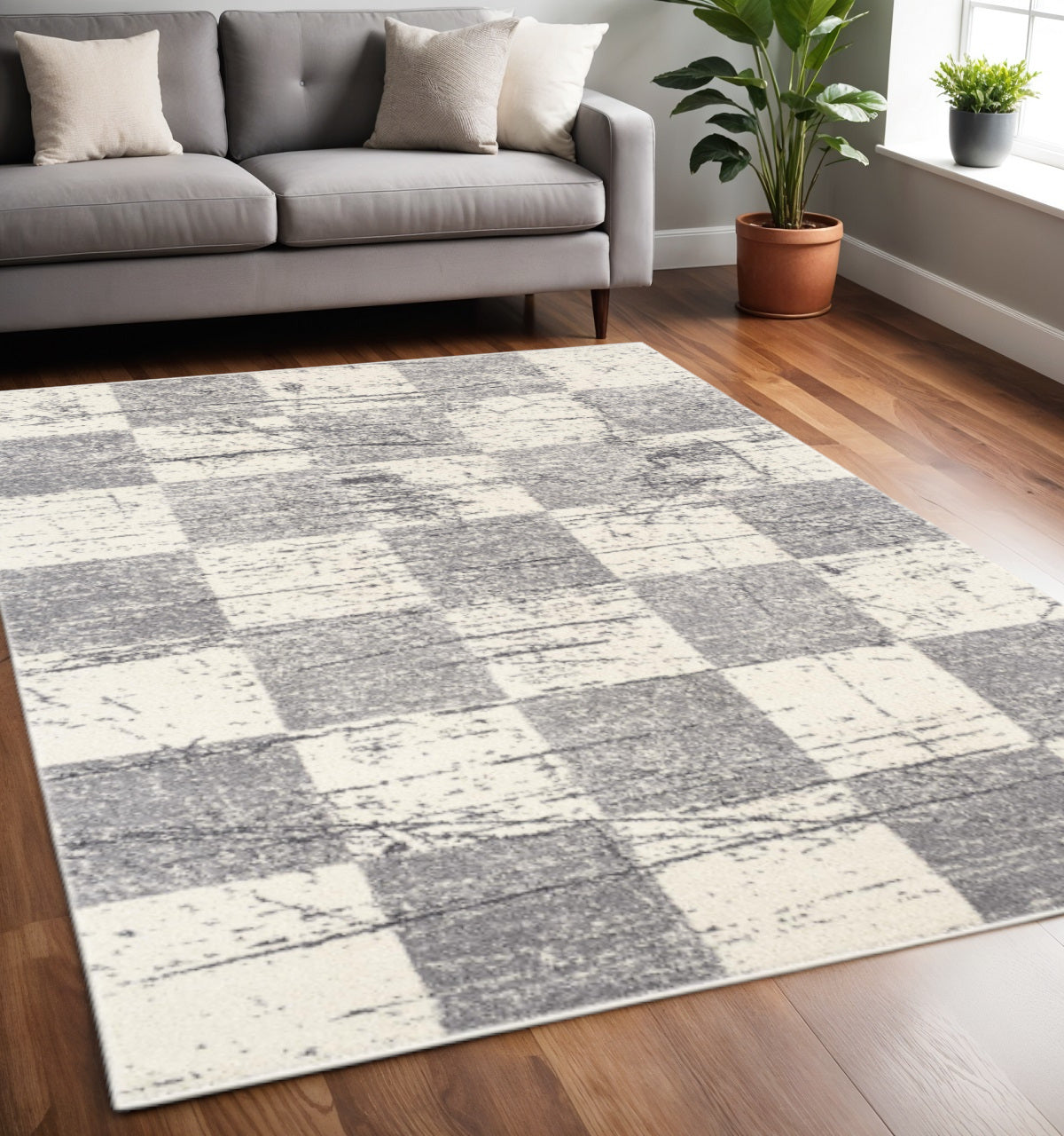 5' X 8' White And Gray Checkered Area Rug-Area Rugs-DECOROLALA