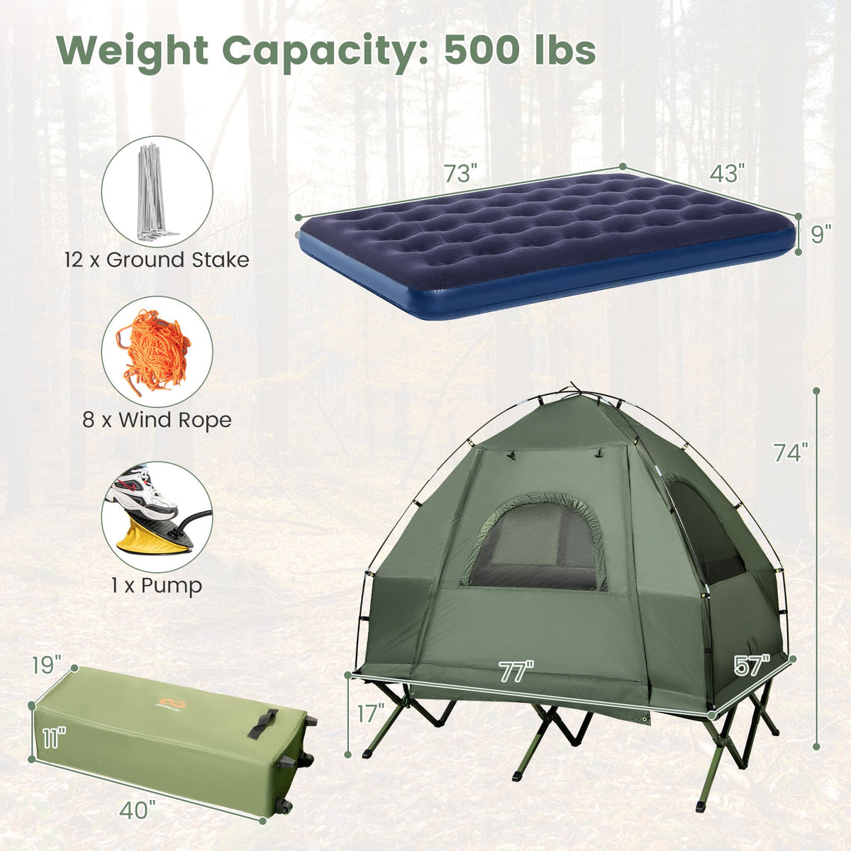 5-in-1 2-Person Foldable Outdoor Camping Tent Cot with Air Mattress and Sleeping Bag-Tents-DECOROLALA
