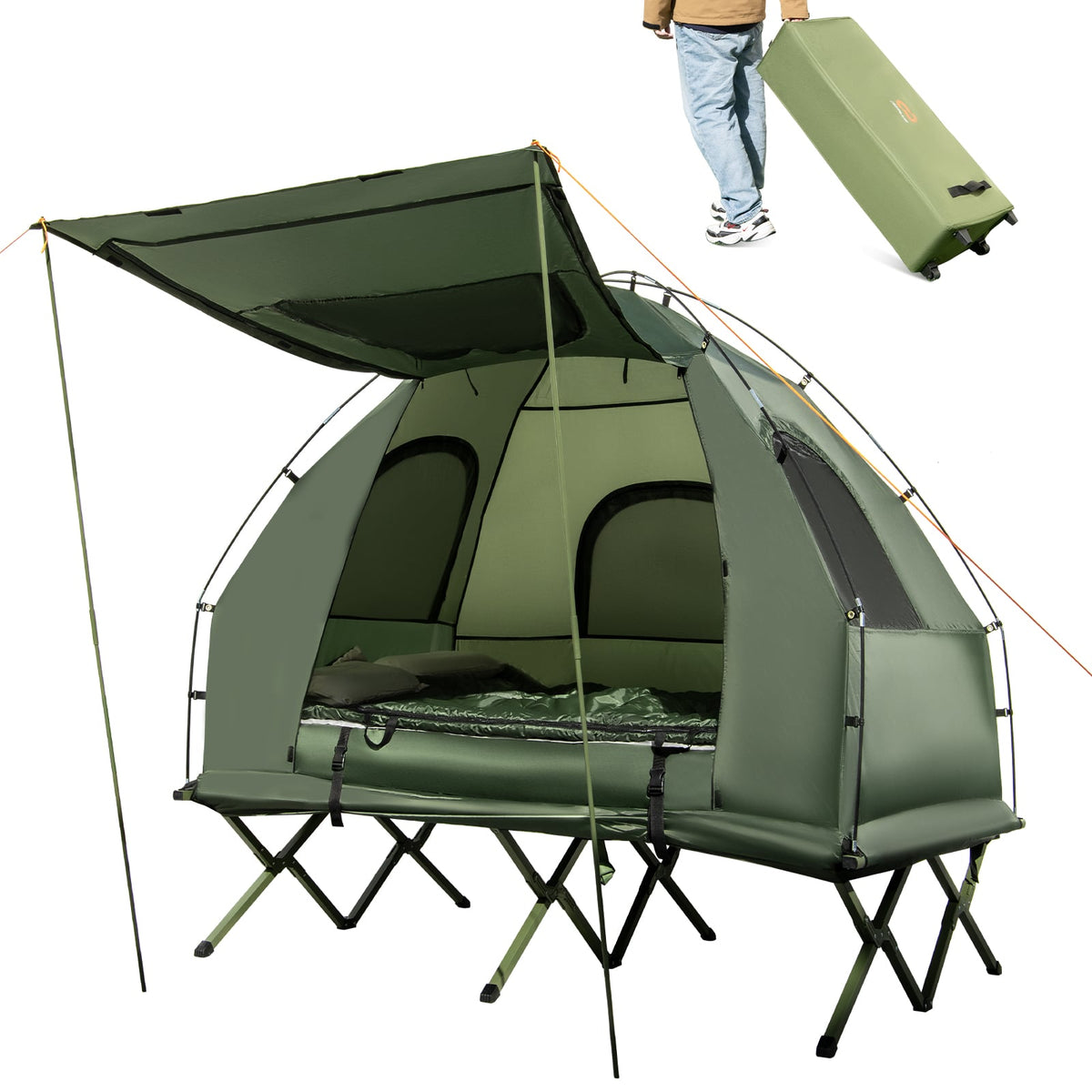 5-in-1 2-Person Foldable Outdoor Camping Tent Cot with Air Mattress and Sleeping Bag-Tents-DECOROLALA