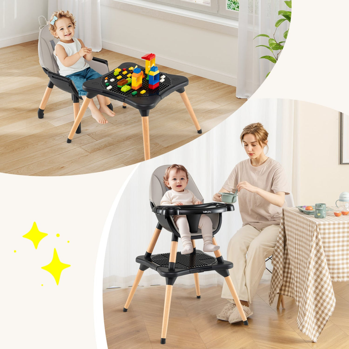 5-in-1 Baby Convertible Wooden High Chair with Detachable Tray-Black-High Chairs-DECOROLALA