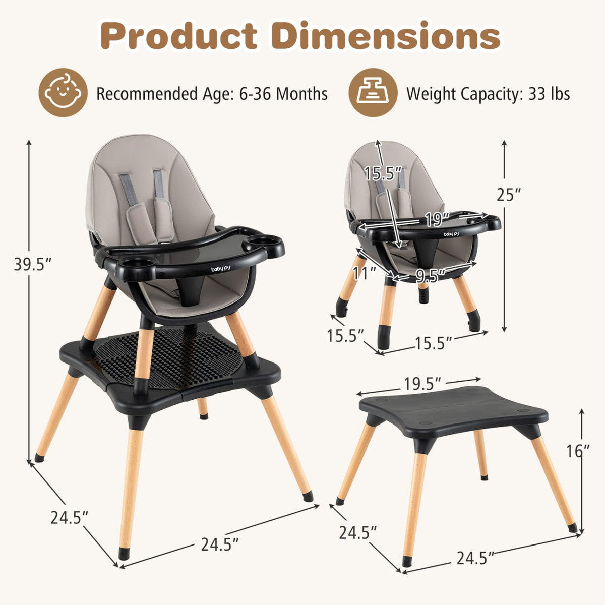 5-in-1 Baby Convertible Wooden High Chair with Detachable Tray-Black-High Chairs-DECOROLALA