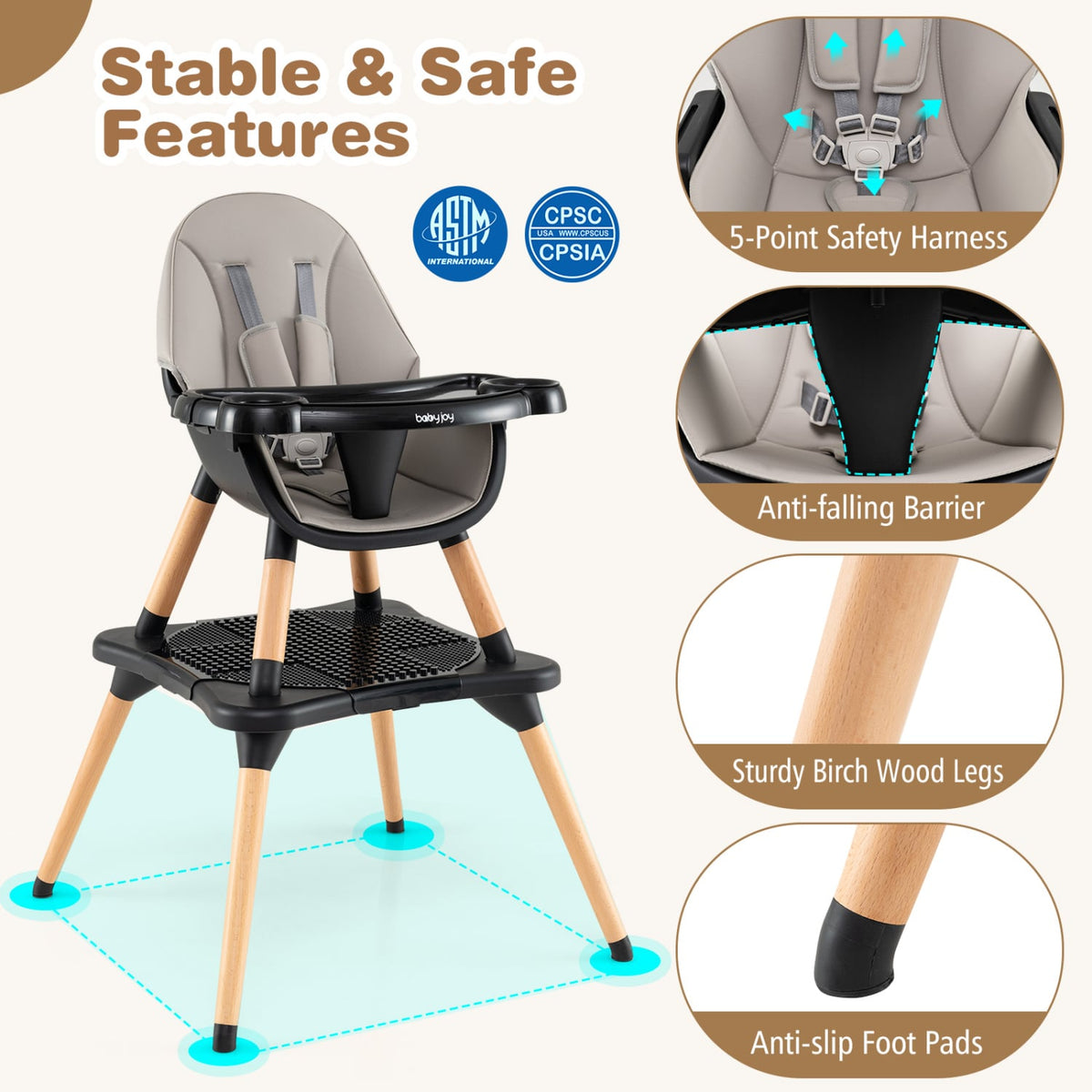 5-in-1 Baby Convertible Wooden High Chair with Detachable Tray-Black-High Chairs-DECOROLALA