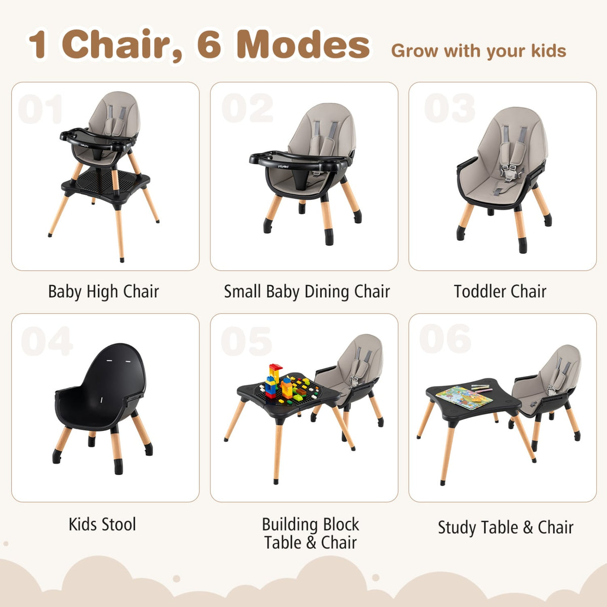 5-in-1 Baby Convertible Wooden High Chair with Detachable Tray-Black-High Chairs-DECOROLALA