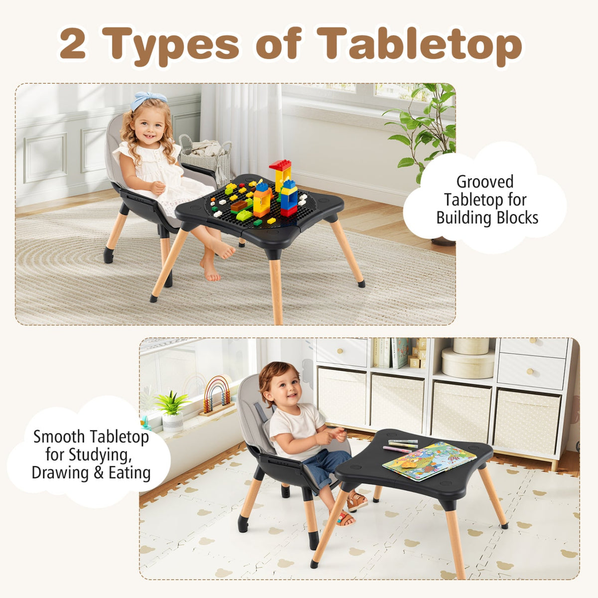 5-in-1 Baby Convertible Wooden High Chair with Detachable Tray-Black-High Chairs-DECOROLALA