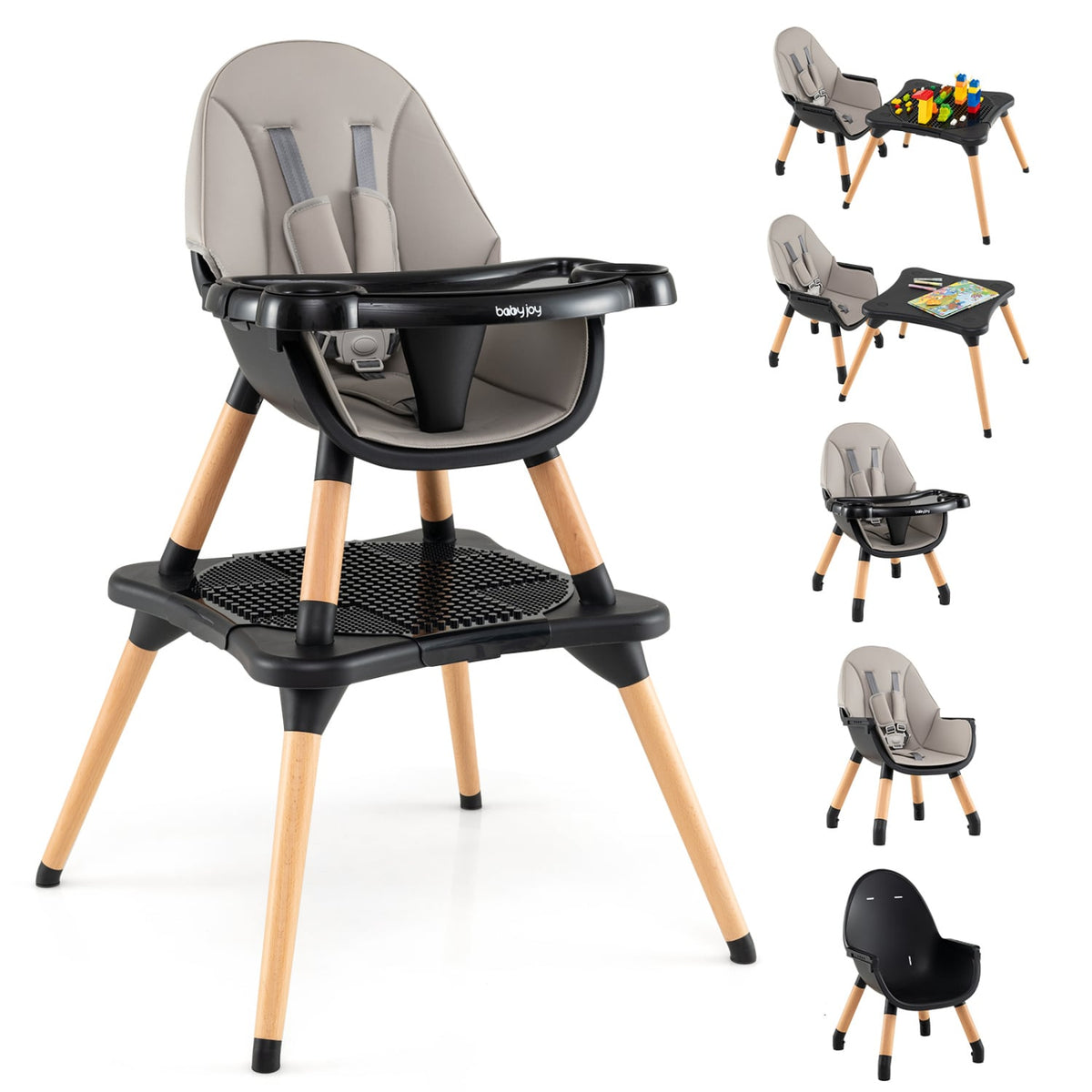 5-in-1 Baby Convertible Wooden High Chair with Detachable Tray-Black-High Chairs-DECOROLALA
