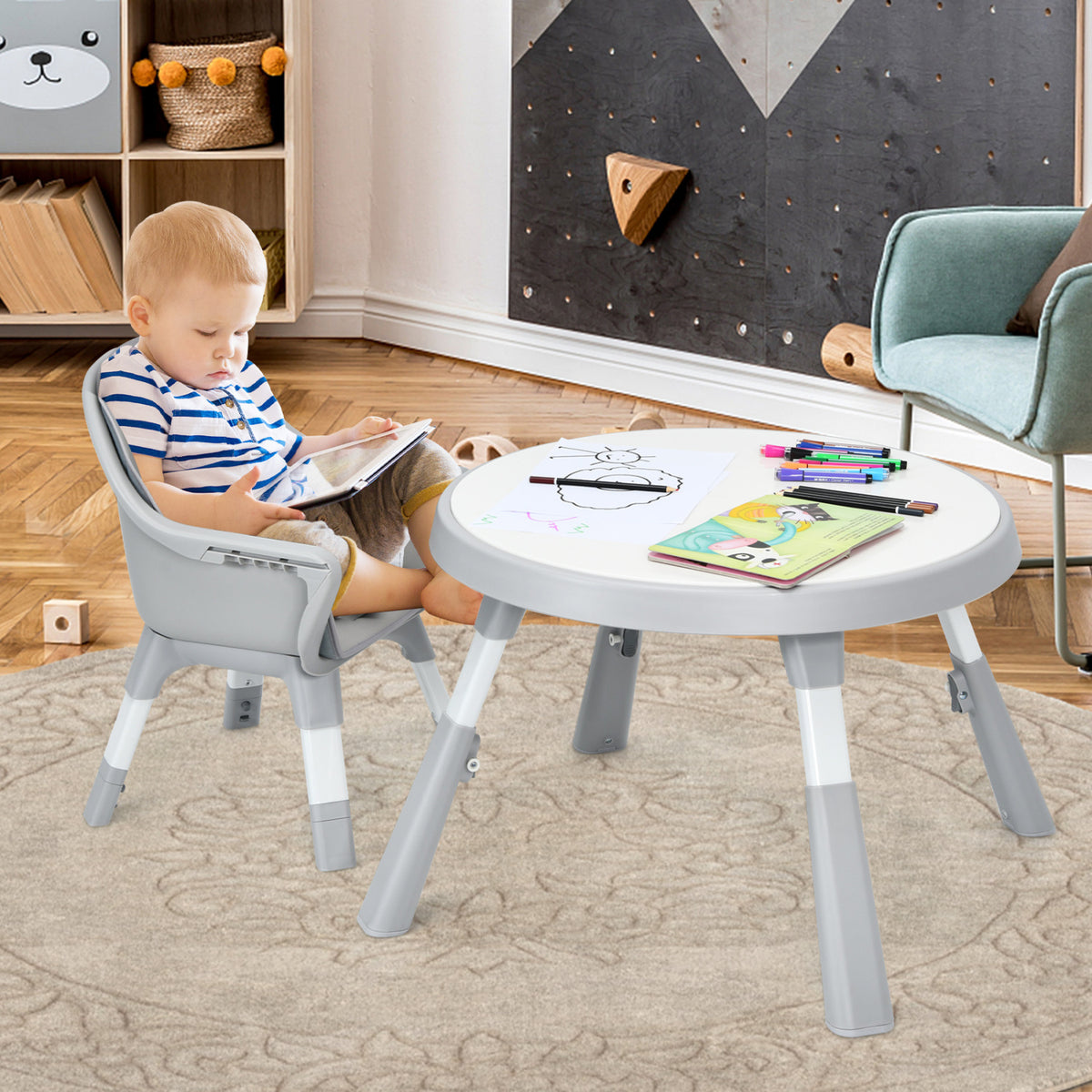 5-in-1 Baby Highchair with Height Adjustable and 2-Tier Tray Storage Busket-Gray-High Chairs-DECOROLALA