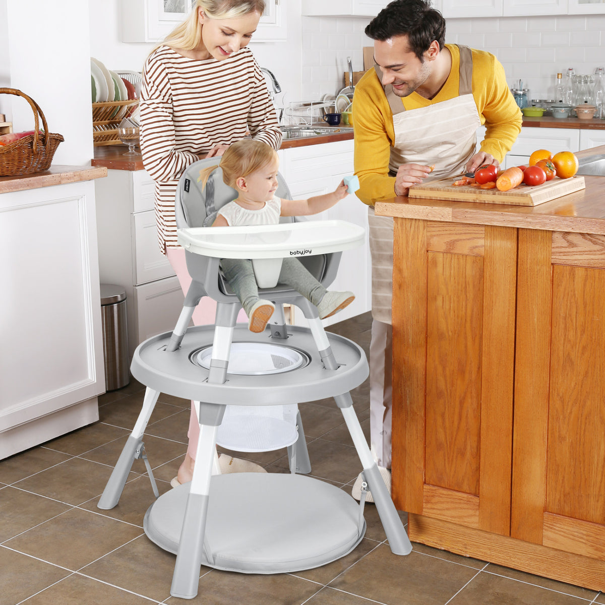 5-in-1 Baby Highchair with Height Adjustable and 2-Tier Tray Storage Busket-Gray-High Chairs-DECOROLALA