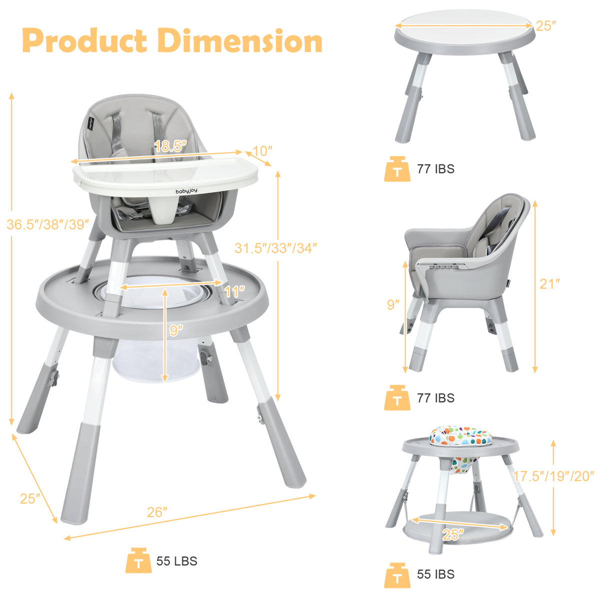 5-in-1 Baby Highchair with Height Adjustable and 2-Tier Tray Storage Busket-Gray-High Chairs-DECOROLALA