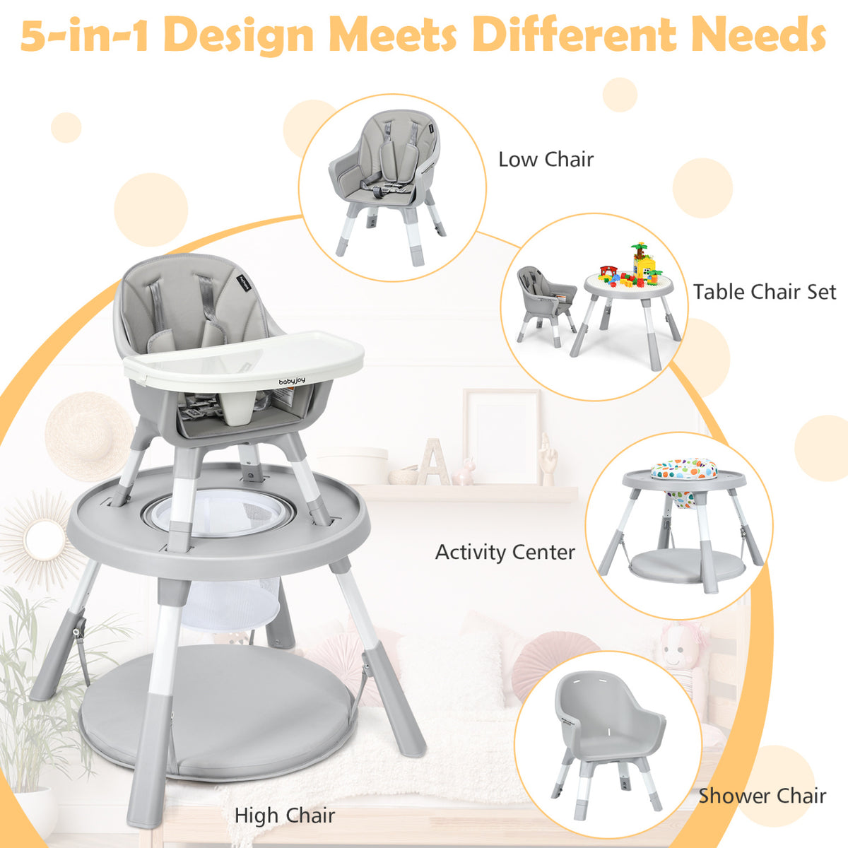 5-in-1 Baby Highchair with Height Adjustable and 2-Tier Tray Storage Busket-Gray-High Chairs-DECOROLALA