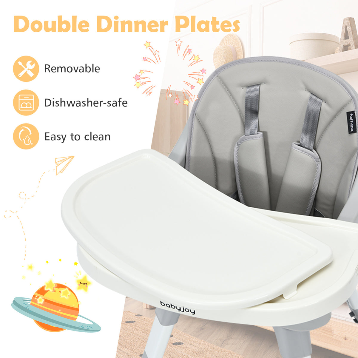 5-in-1 Baby Highchair with Height Adjustable and 2-Tier Tray Storage Busket-Gray-High Chairs-DECOROLALA
