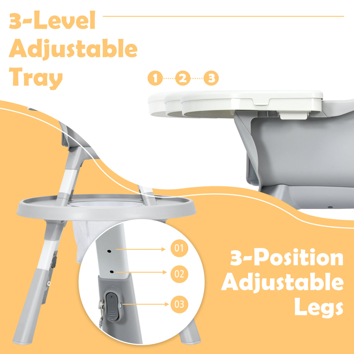 5-in-1 Baby Highchair with Height Adjustable and 2-Tier Tray Storage Busket-Gray-High Chairs-DECOROLALA