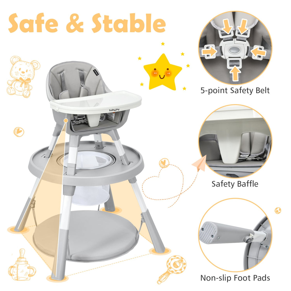 5-in-1 Baby Highchair with Height Adjustable and 2-Tier Tray Storage Busket-Gray-High Chairs-DECOROLALA