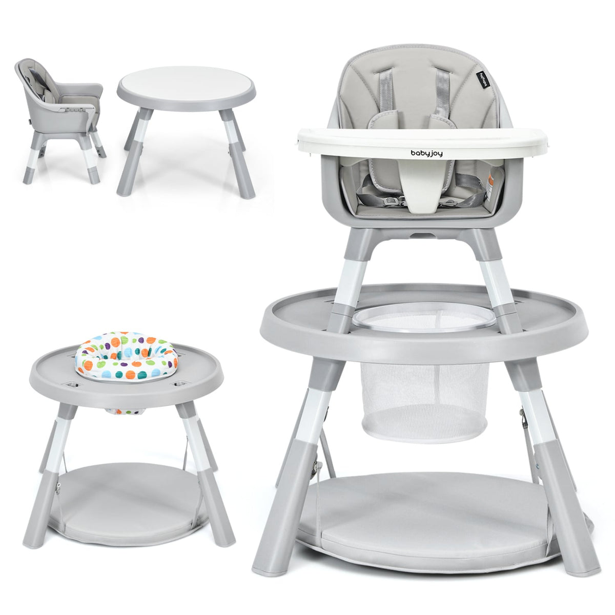5-in-1 Baby Highchair with Height Adjustable and 2-Tier Tray Storage Busket-Gray-High Chairs-DECOROLALA