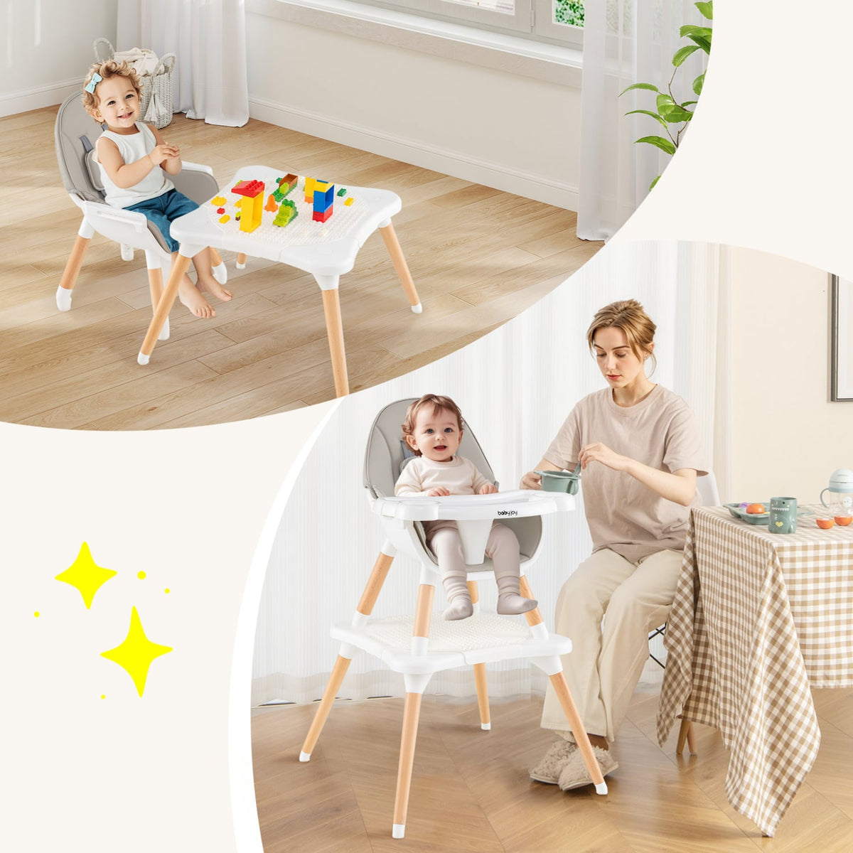 5-in-1 Baby Wooden Convertible High Chair -Gray-High Chairs-DECOROLALA