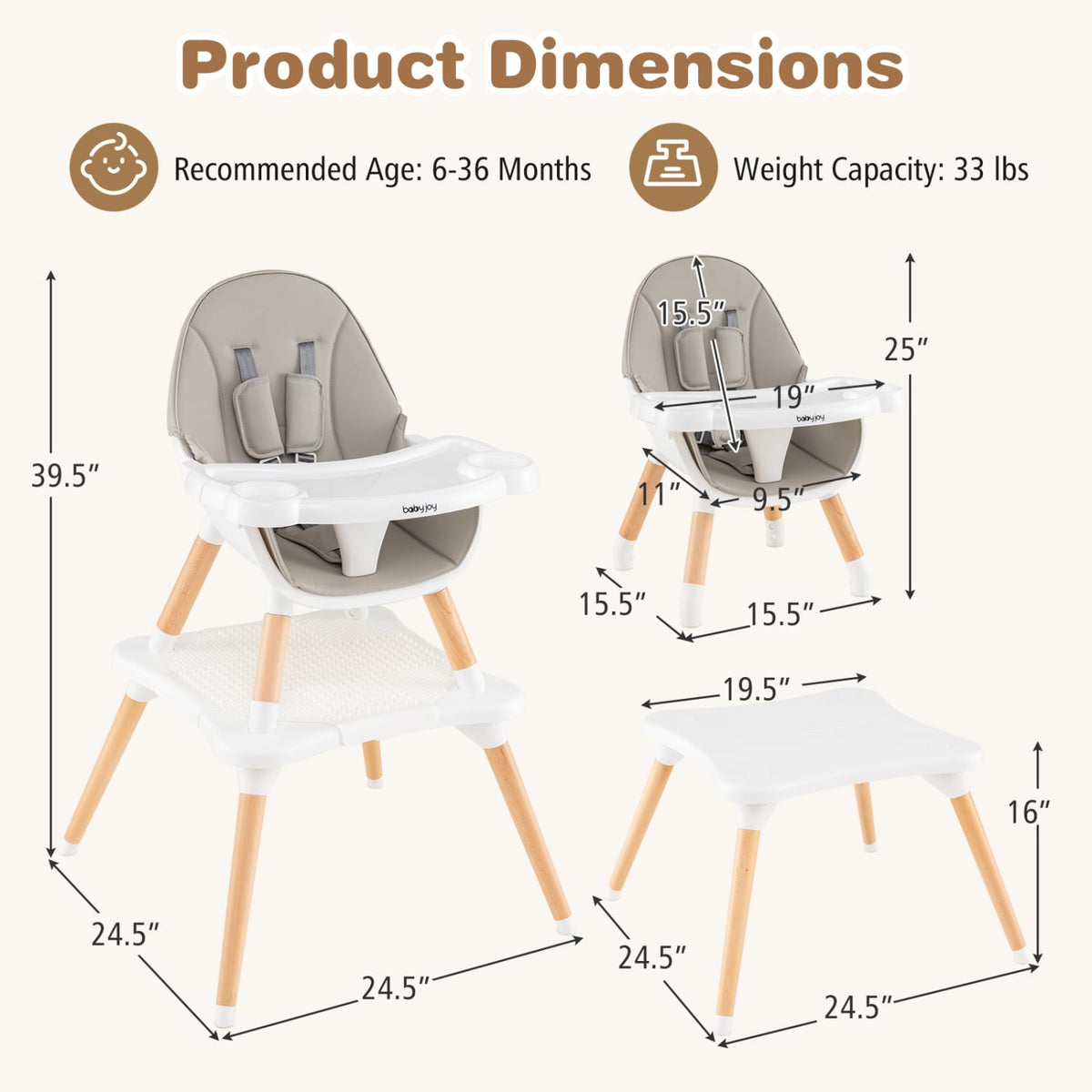 5-in-1 Baby Wooden Convertible High Chair -Gray-High Chairs-DECOROLALA